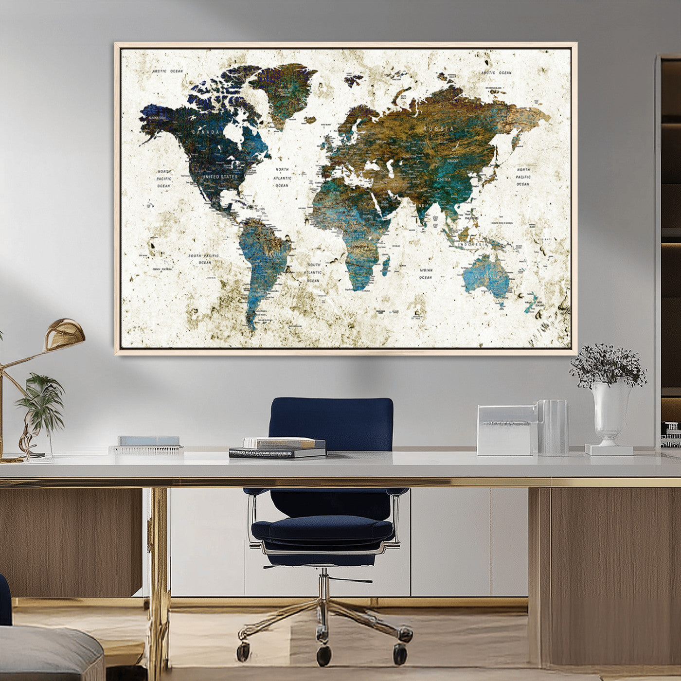 89176-MGV-CV-36X24-Vintage Blue and Brown World Map Canvas Wall Art – Framed Rustic Map Print, Earth Tone Travel Decor for Stylish Home and Office Walls
