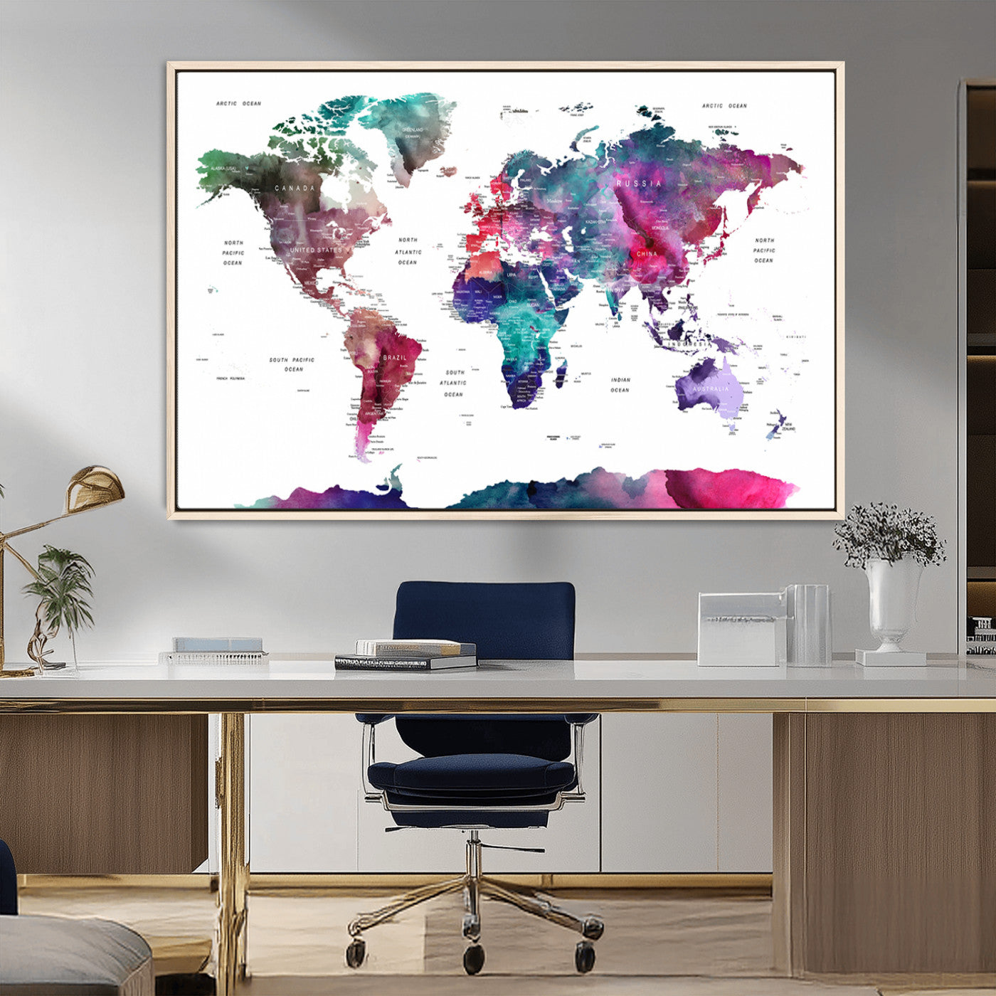 78176-MGV-FC-36X24_Natural-Colorful Watercolor World Map Canvas Wall Art – Framed Modern Map Print, Vibrant Travel Inspired Artwork for Home and Office Decor