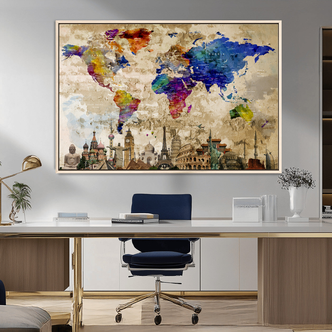 12168-MGV-FC-36X24_Natural-Push Pin World Map Canvas Print – Framed Travel Tracker Wall Art for Couples, Anniversary Gift and Modern Home Decor