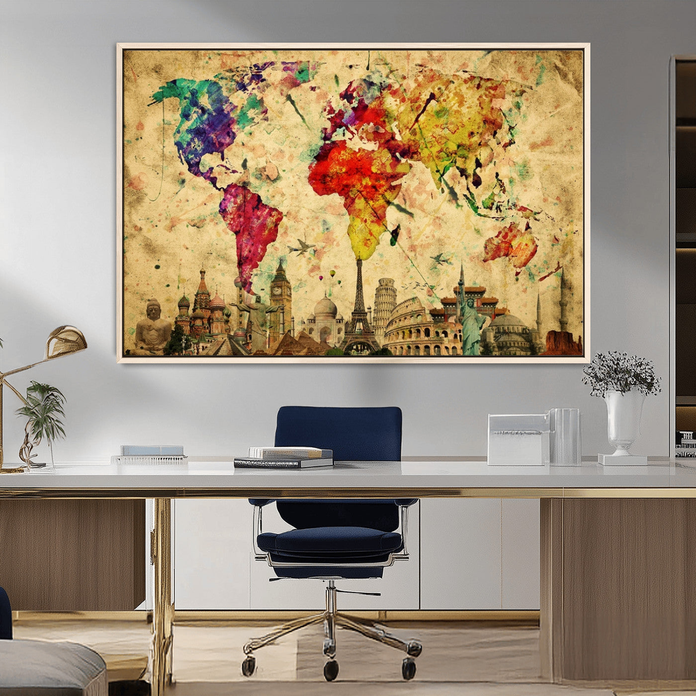24467-MGV-CV-36X24-Colorful Watercolor World Map Canvas Wall Art – Framed Landmark Travel Map Print, Vibrant Global Artwork for Home and Office Decor