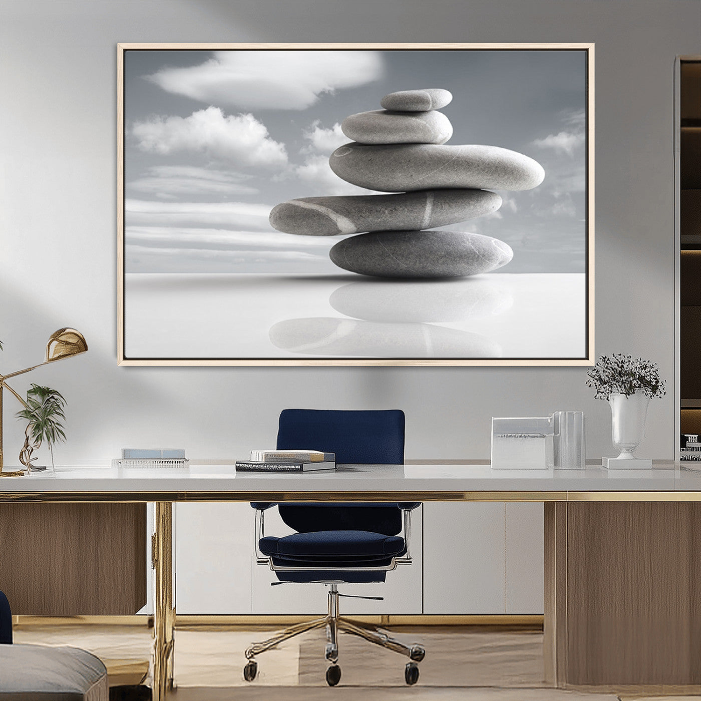 -Still Life Black and White Zen Stones Wall Art Canvas, Framed Black and White Zen Stones Canvas