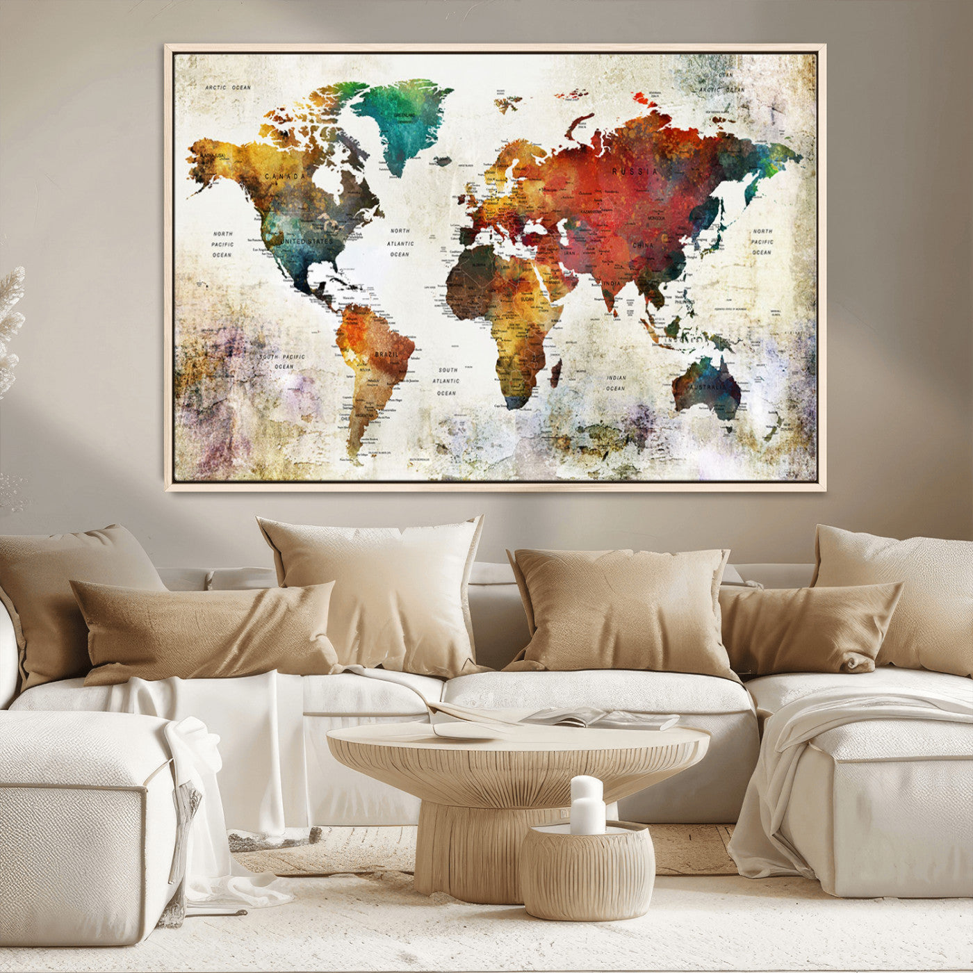 92207-MGV-CV-36X24-Watercolor World Map Canvas Print – Framed Push Pin Wall Art for Couples, Artistic Travel Map for Modern Home and Office Decor