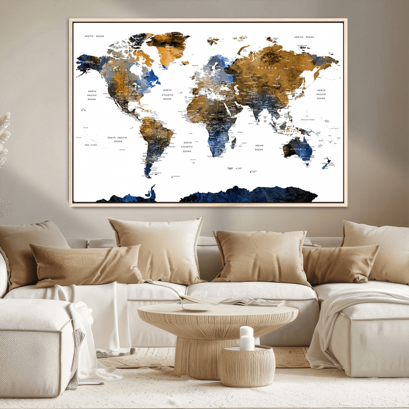 56231-MGV-CV-36X24-Navy and Gold World Map Canvas Wall Art – Framed Modern World Map Print, Elegant Travel Inspired Artwork for Home and Office Decor