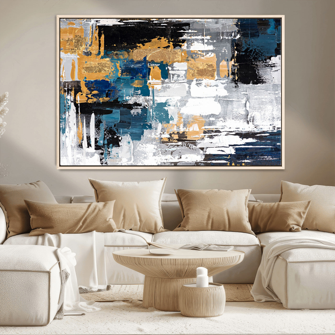 57708-MGV-CV-36X24-Blue and Gold Abstract Canvas Wall Art – Triptych Modern Painting for Living Room – Framed and Ready