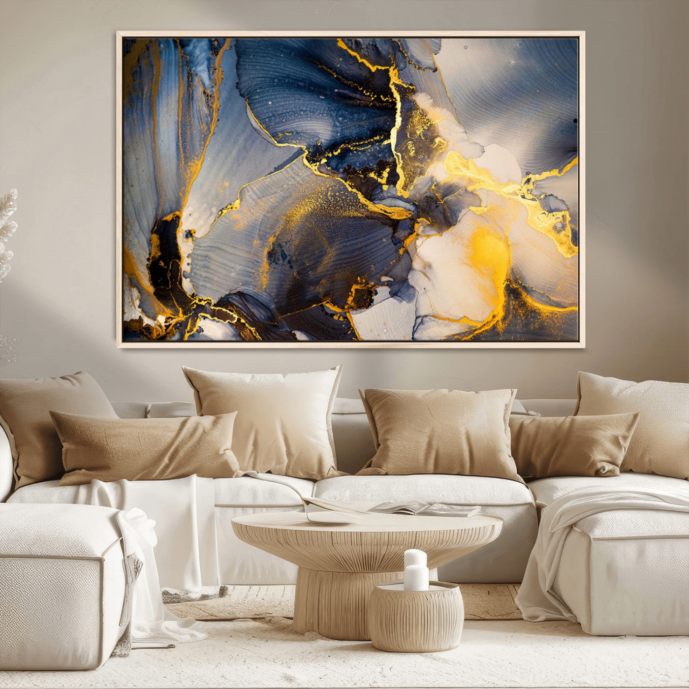 42100-MGV-CV-36X24-Large Abstract Wall Art Print - Gold and Blue Abstract Canvas Wall Art | Fluid Ink Modern Luxury