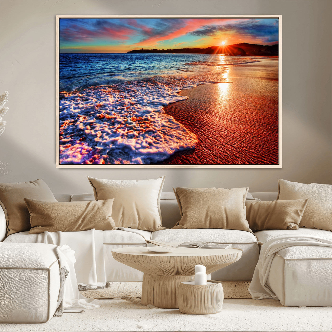 -Colorful Coastal Sunset on the Beach Canvas Print, Ocean Waves Crashing at Dusk, Multi-Panel