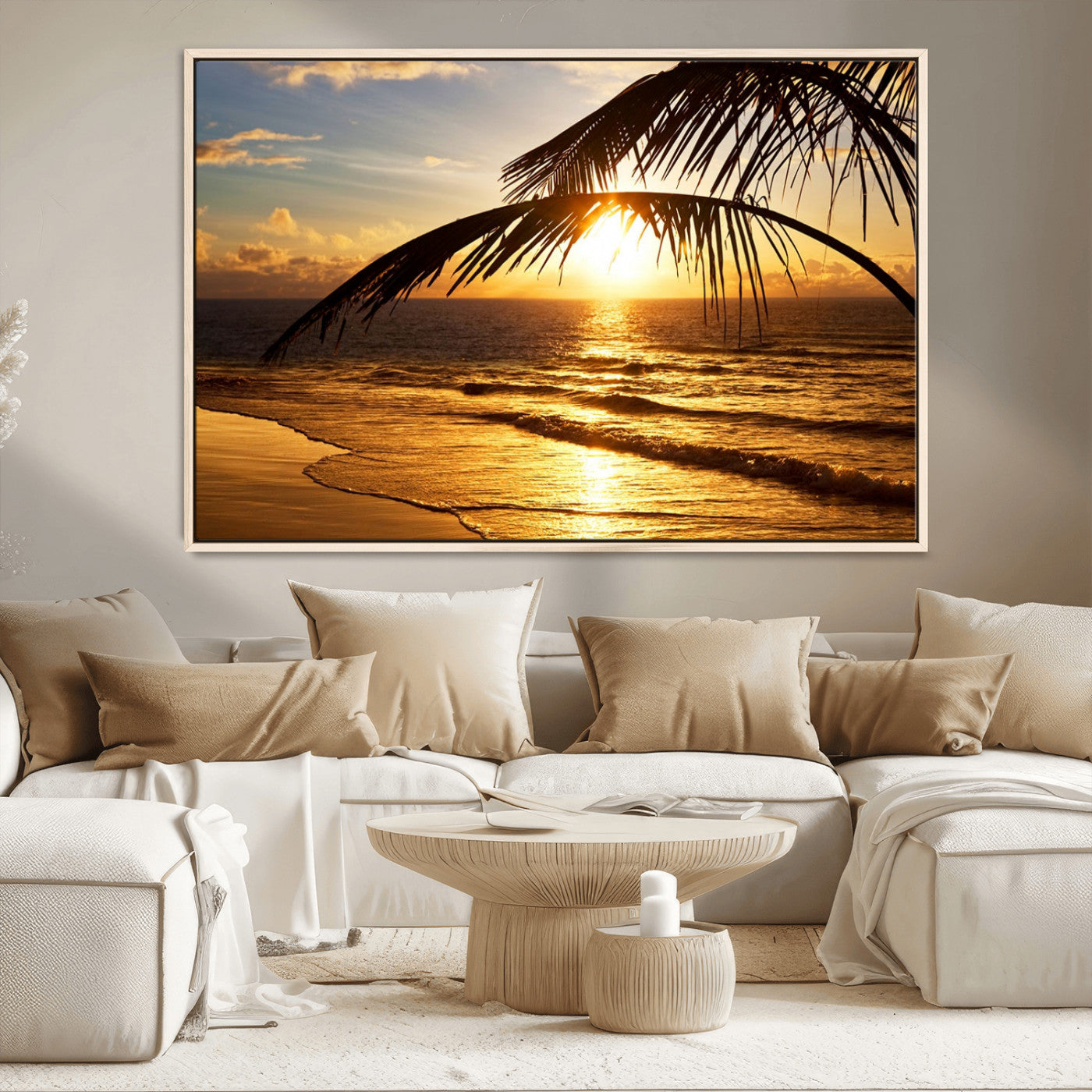 -Golden Tropical Beach Sunset Canvas Triptych, Coastal Palm Tree Wall Art, Ocean Shoreline Giclee