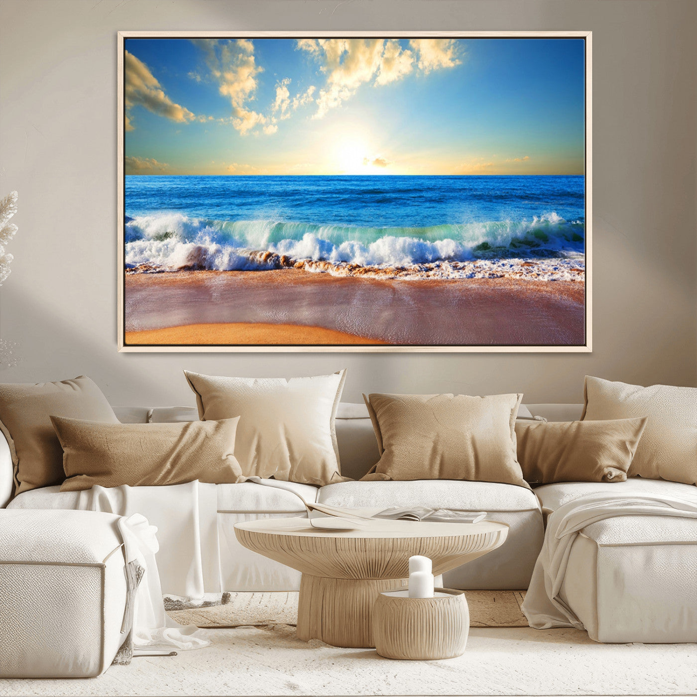 -Tropical Beach Sunset Canvas Art, Ocean Waves and Sandy Shoreline Wall Art, Large Beach Decor for