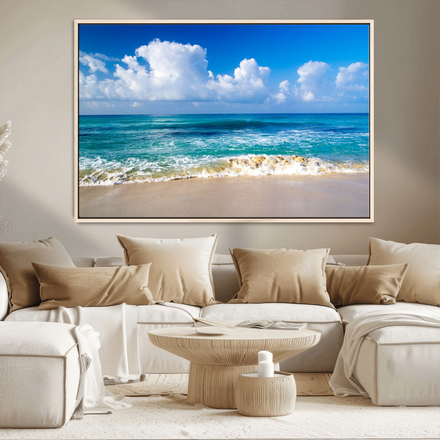 60364-MGV-CV-36X24-Tropical Beach 3-Panel Canvas Wall Art – Serene Ocean Waves and Blue Sky Wall Art Print