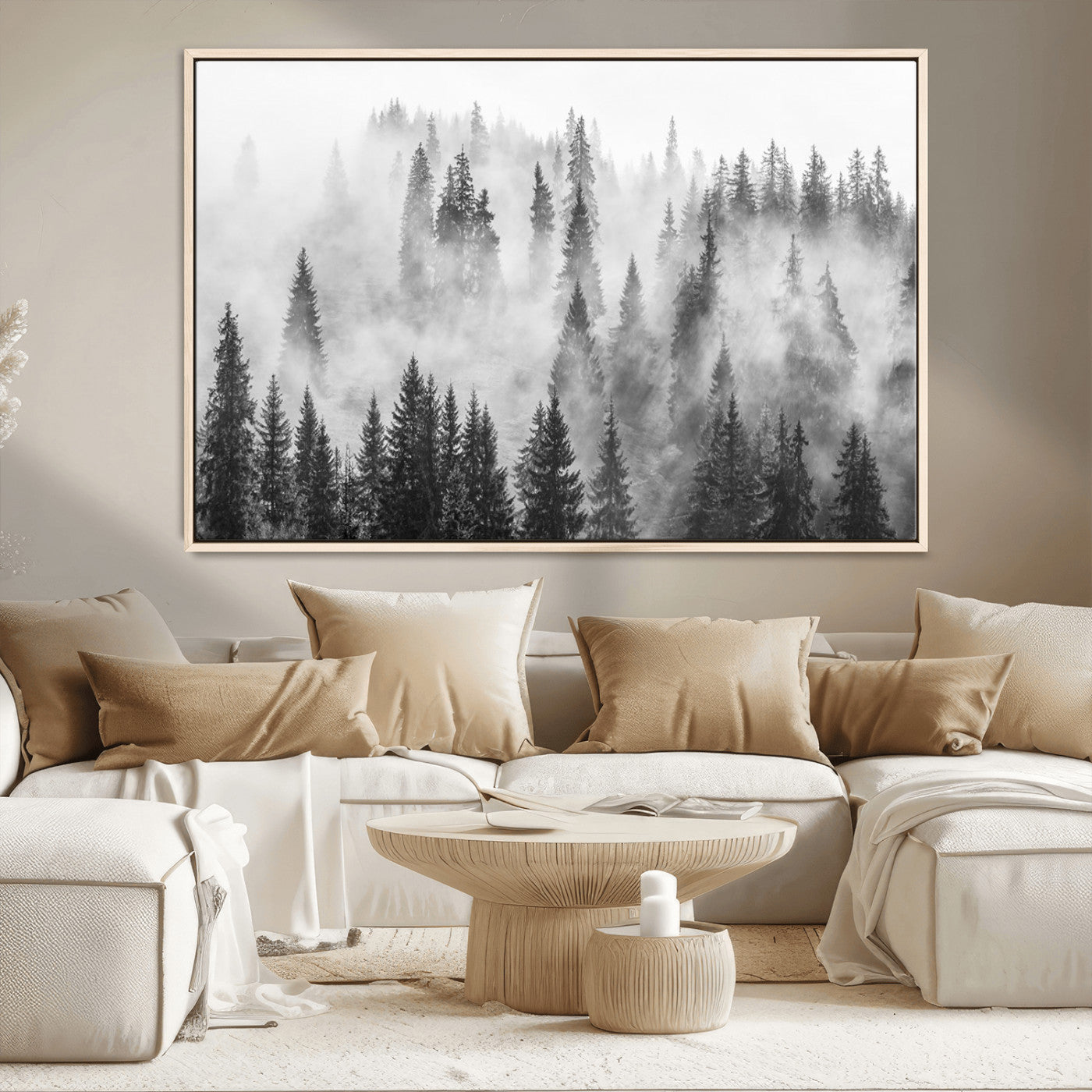 10422-MGV-CV-36X24-Forest Wall Art Print | Foggy Pine Forest Canvas Wall Art - Black and White Nature Decor for Living Room, Office