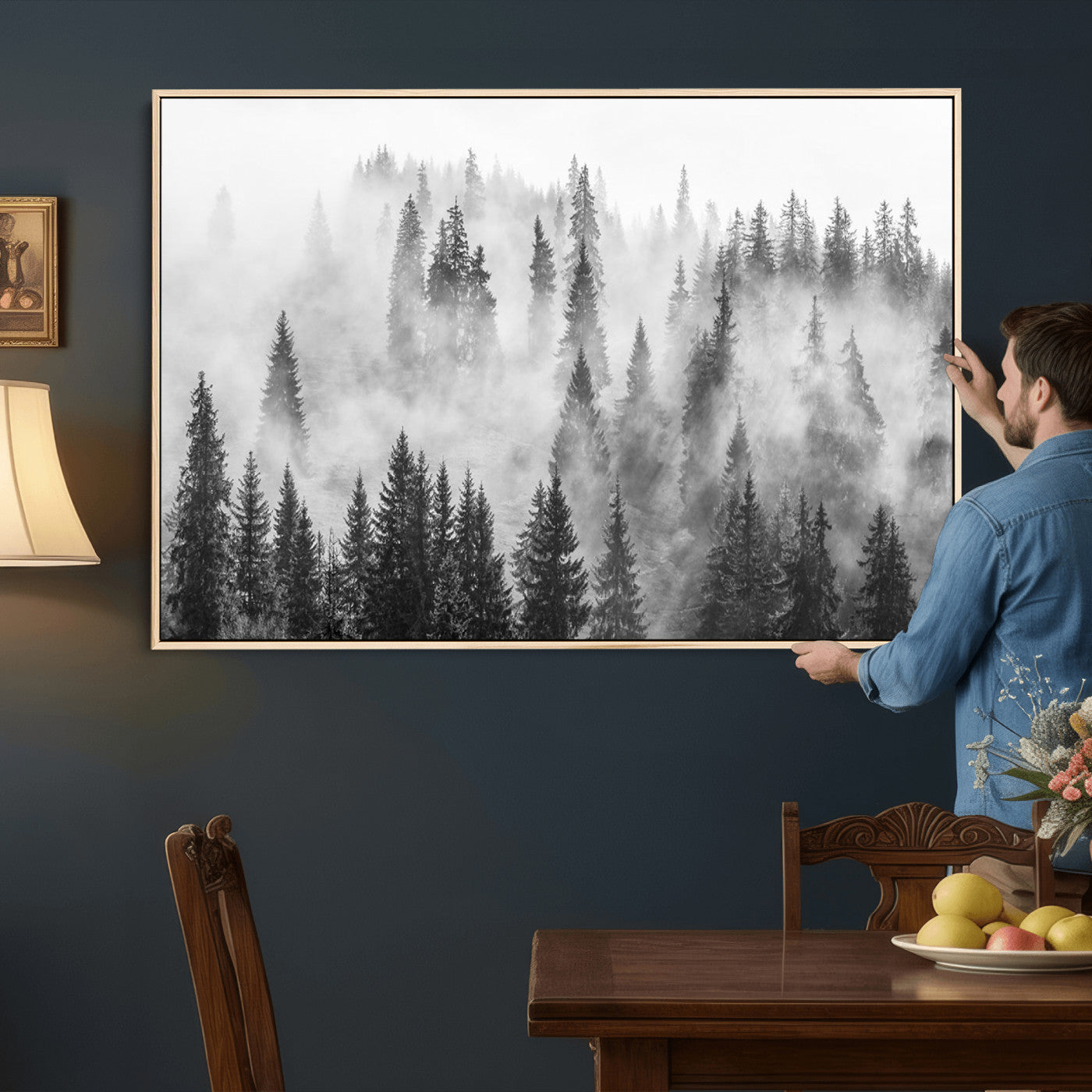 10422-MGV-CV-36X24 - Forest Wall Art Print | Foggy Pine Forest Canvas Wall Art - Black and White Nature Decor for Living