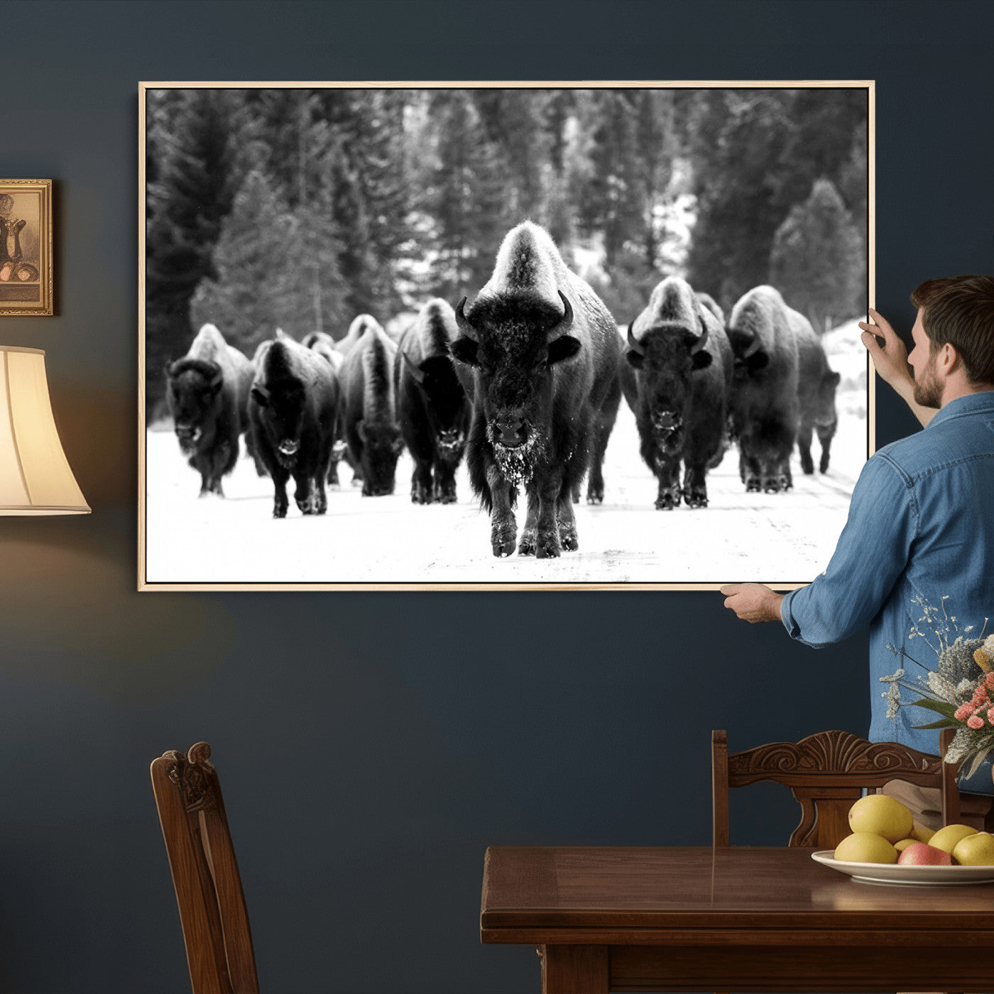 62434-MGV-CV-36X24 - Bison Herd in Snow Wall Art Canvas Print | Rustic Western Bison Wall Art for Decor for Living Room