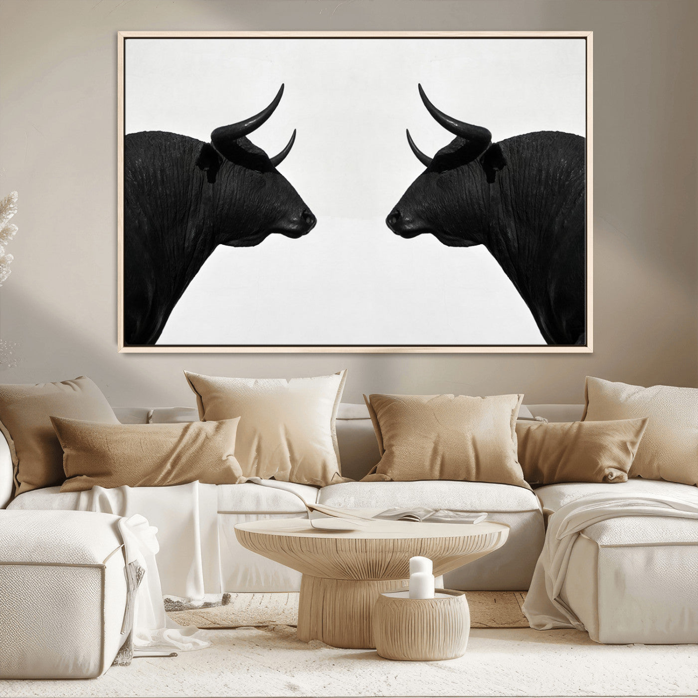 -Spanish Bull Art - Framed Black and White Bull Canvas Print for Modern Rustic Home or Office Decor