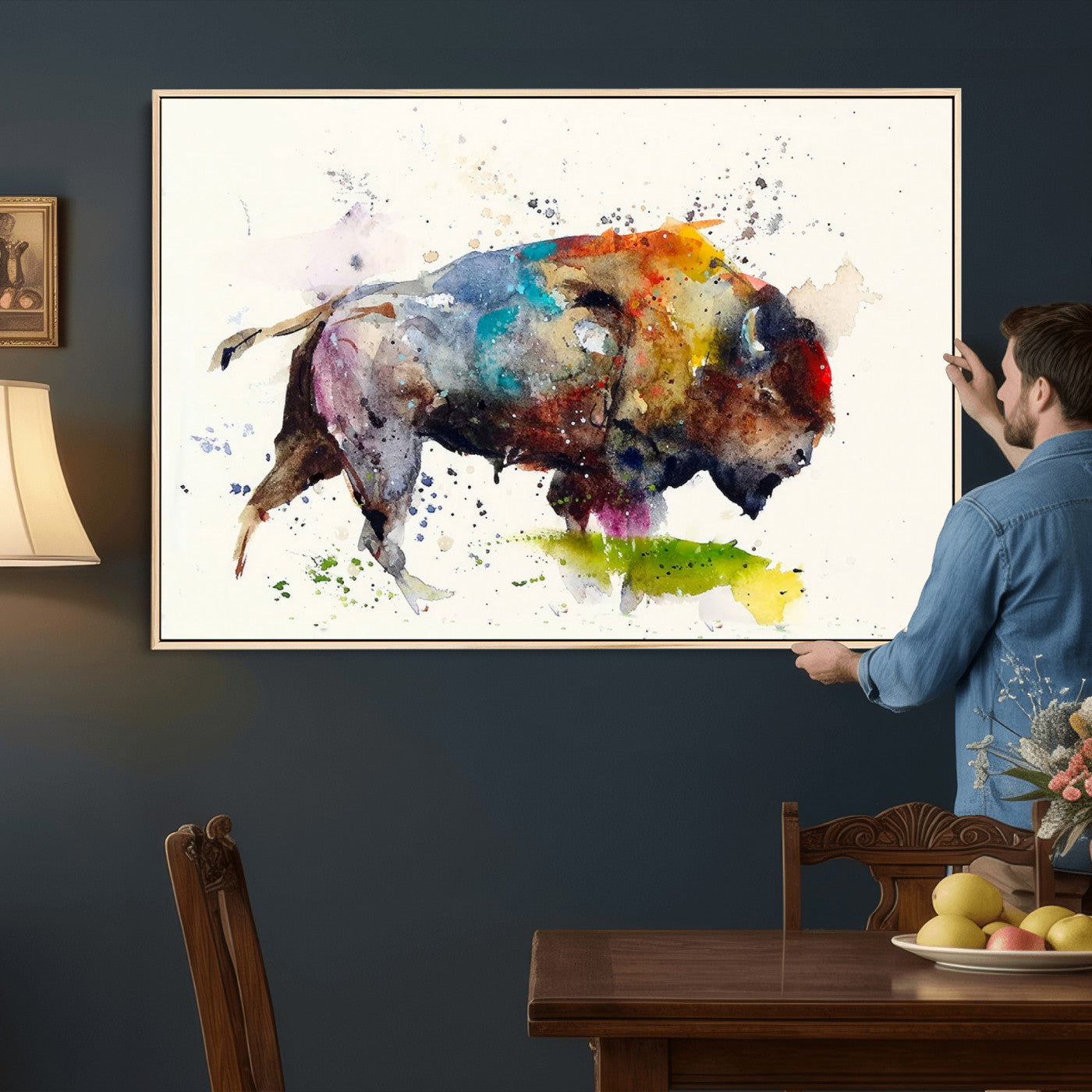 44504-MGV-CV-36X24 - Abstract Buffalo Wall Art, Western Watercolor Bison Canvas Print, Rustic Buffalo Art for Cowboy and