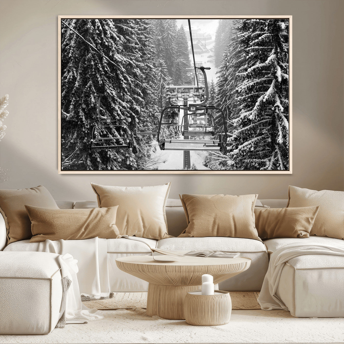 19240-MGV-CV-36X24-Winter Ski Lift Black and White Canvas Wall Art – Alpine Escape in Minimalist Style – Winter Ski