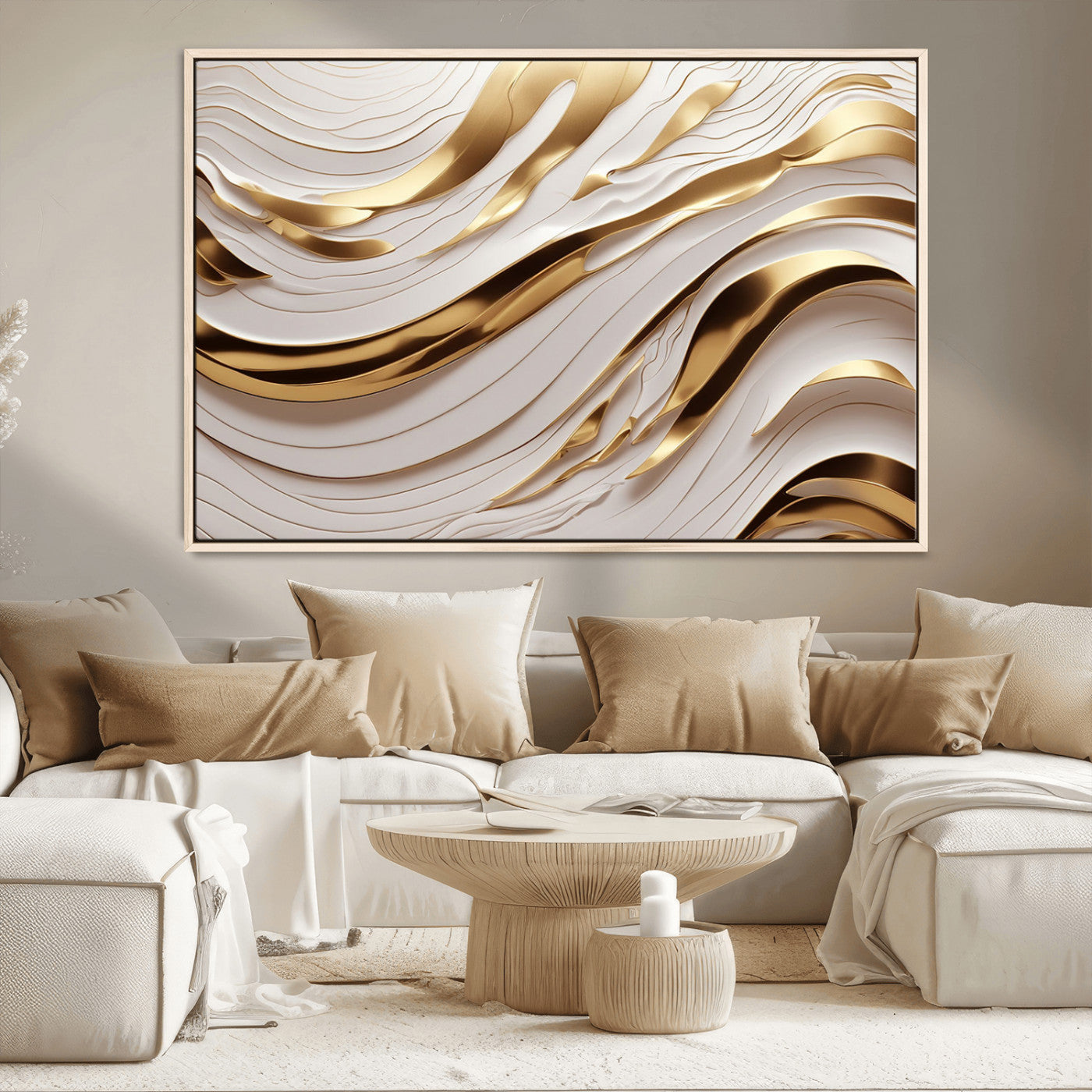 81197-MGV-CV-36X24-Gold and White Abstract Wave Canvas – Elegant Flowing Design with Luxurious Golden Accents –