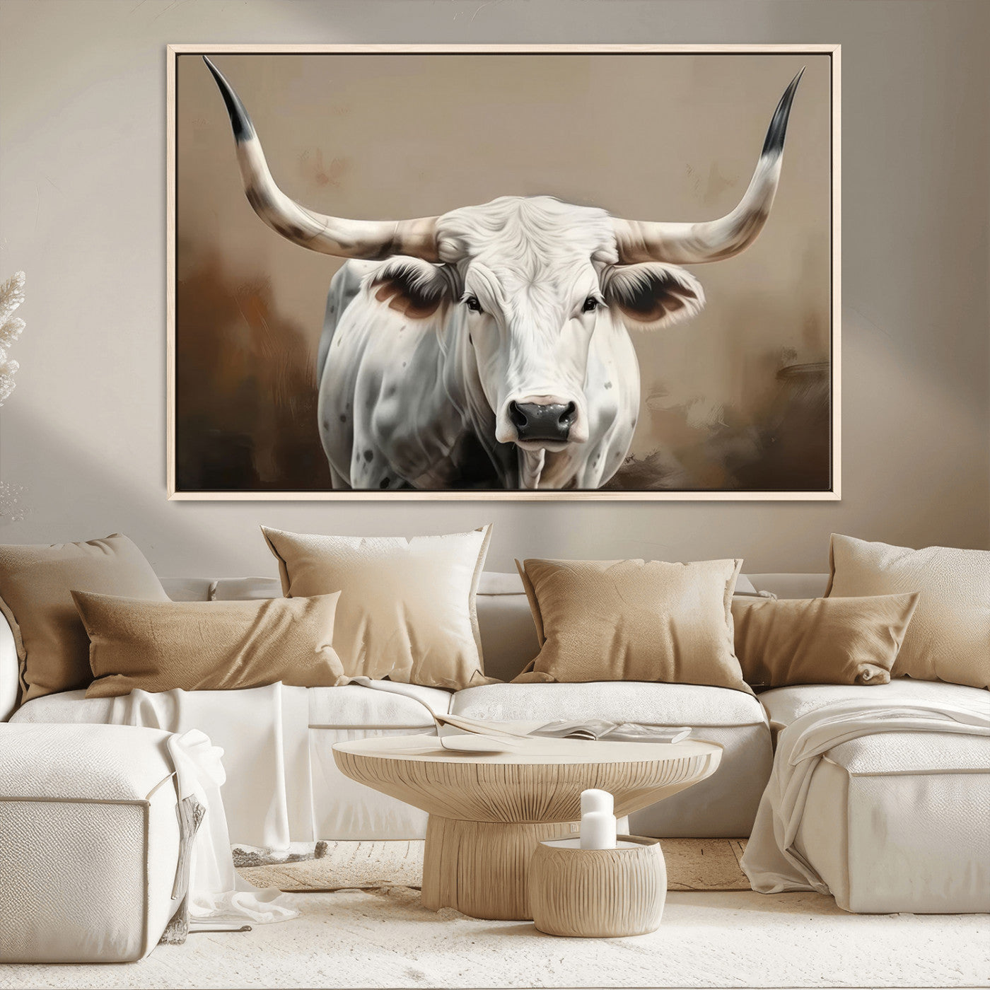 -White Longhorn Bull Wall Art Canvas Print – Framed and Ready to Hang – Perfect for Farmhouse and