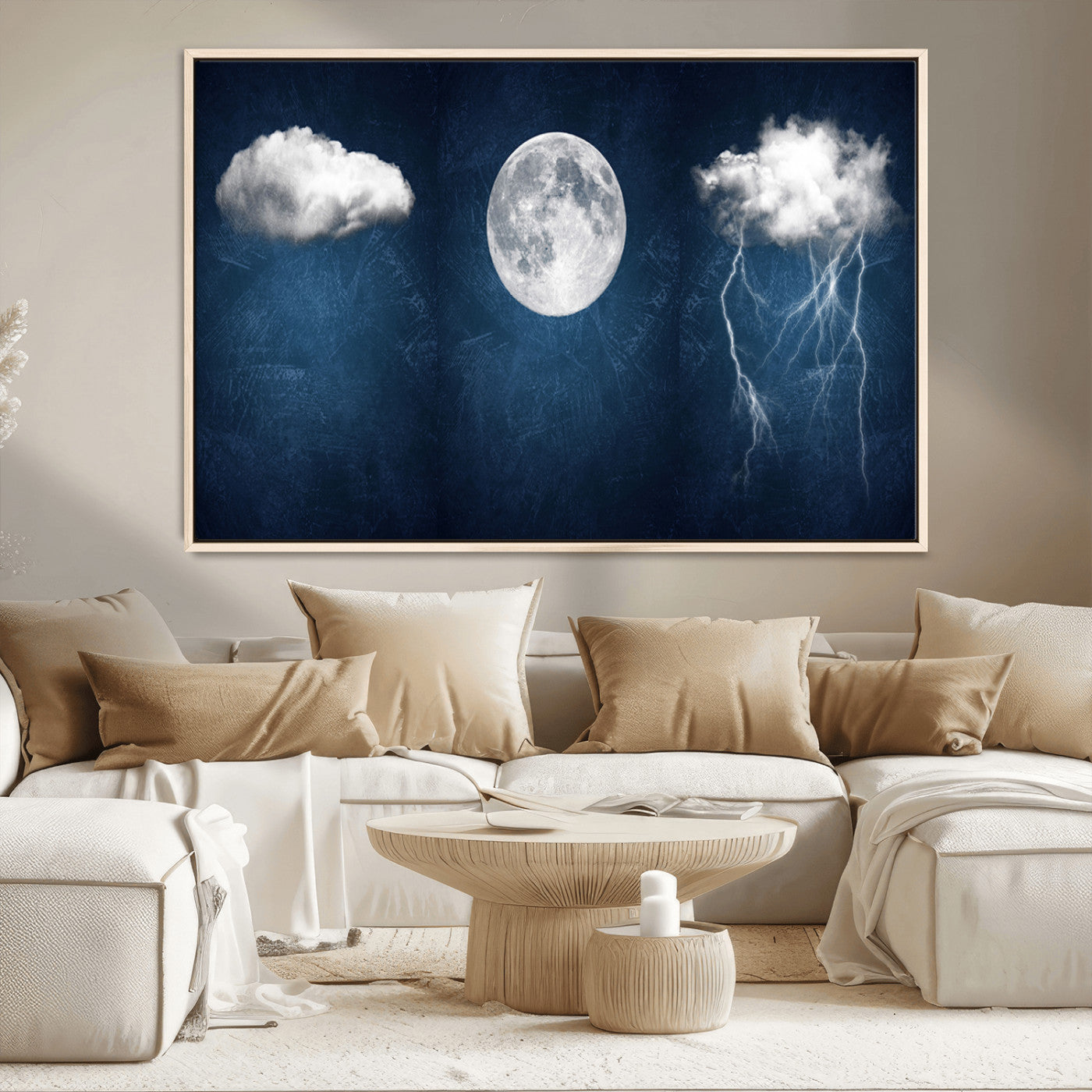 96569-MGV-CV-36X24-Dark Blue Cloud Art, 3 Piece Indigo Blue Wall Art, Aesthetic Surreal Art, Thunderstorm Moon Cloud