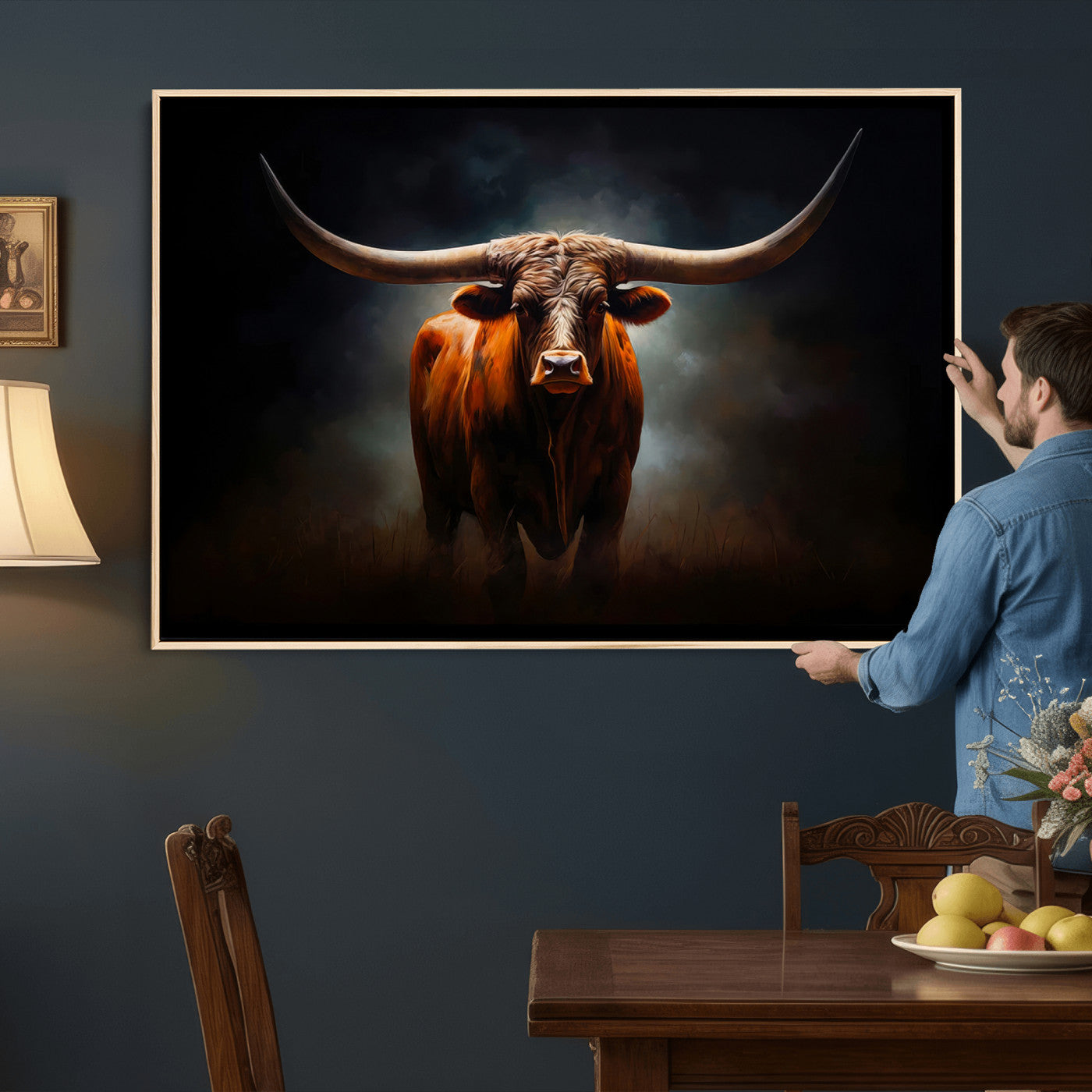 48896-MGV-CV-36X24 - Abstract Texas Longhorn Wall Art Print | 3-Panel Large Texas Longhorn Canvas Print for Living Room,