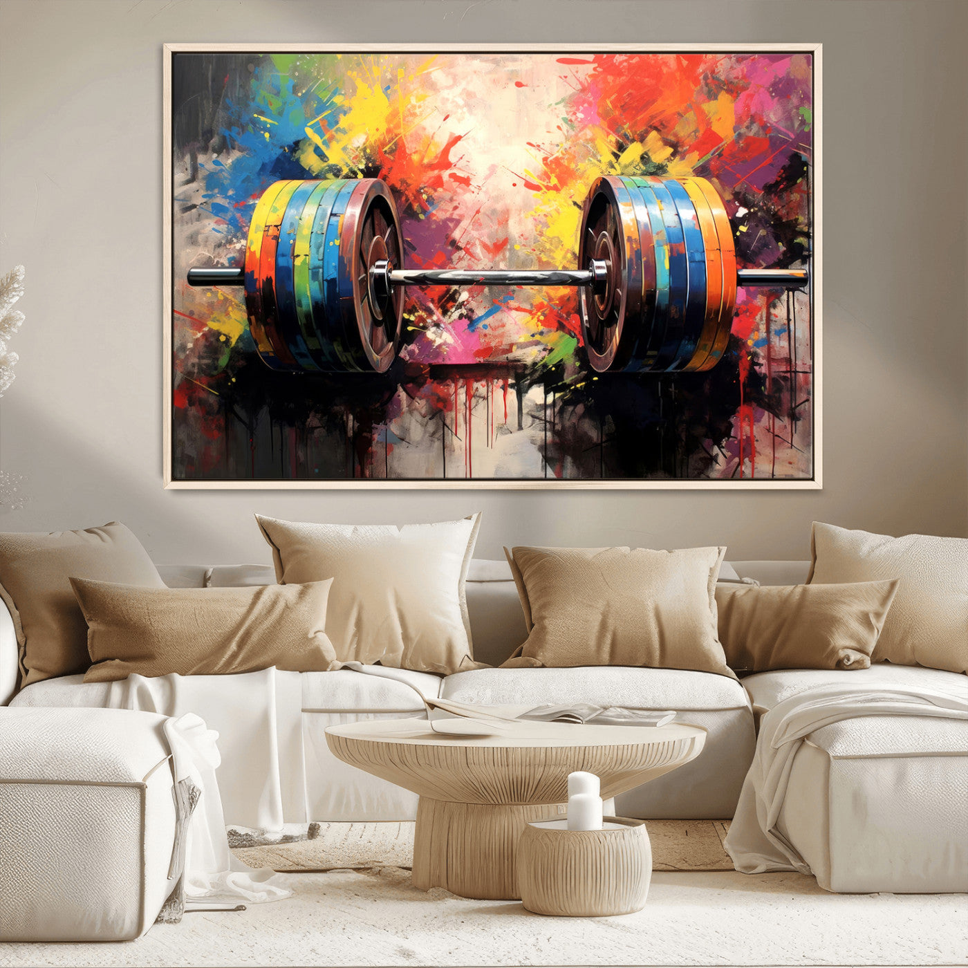 80436-MGV-CV-36X24-Weightlifting Barbell Art Triptych, Bold Abstract Fitness Wall Decor for Gym or Home, Giclee Canvas