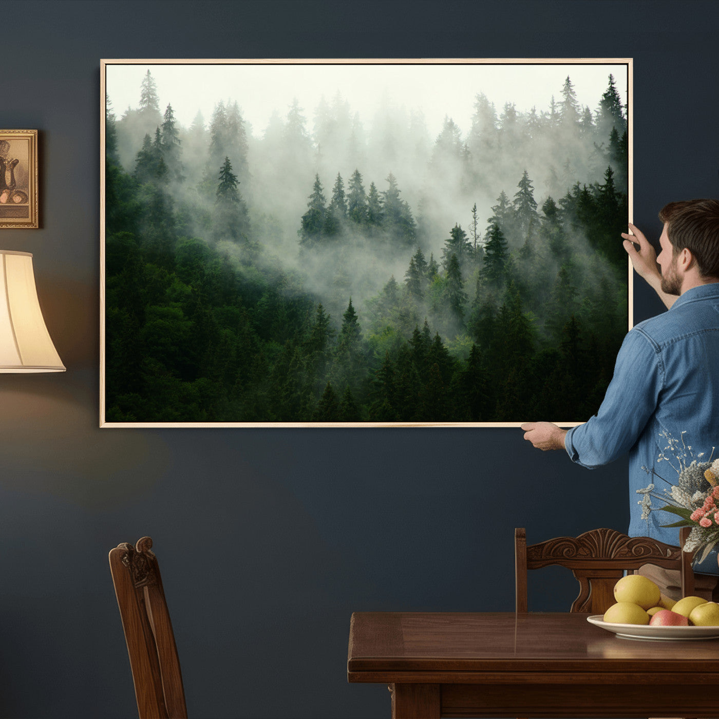 167720496-MGV-CV-36X24 - Misty Forest Mountain Wall Art Canvas | Large 3-Panel Foggy Landscape Canvas Print | Nature Misty