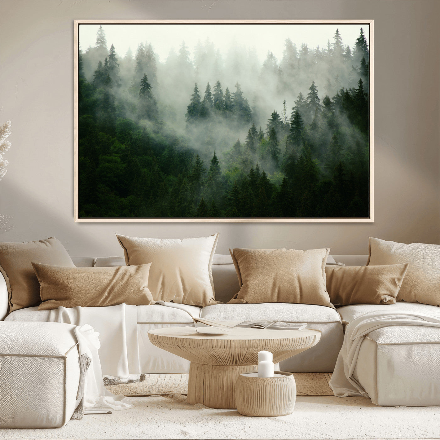 167720496-MGV-CV-36X24-Misty Forest Wall Art – Tranquil Green Woodland Canvas Print, Nature Landscape Decor for Living Room, Bedroom or Office