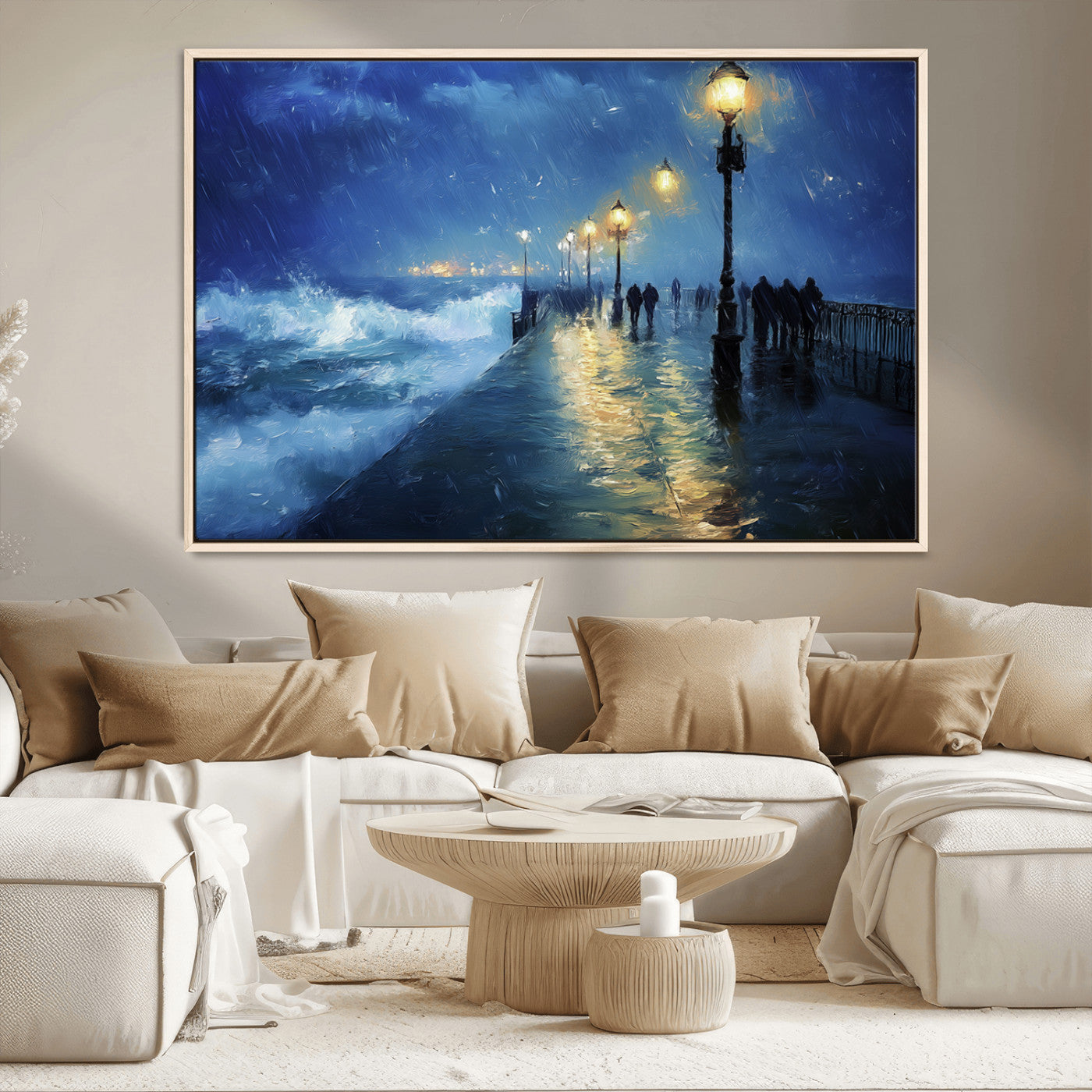 94571-MGV-CV-36X24-Storm Ocean Pier Canvas Wall Art Print - Large Moody Night Scene Print, Seaside Wall Decor