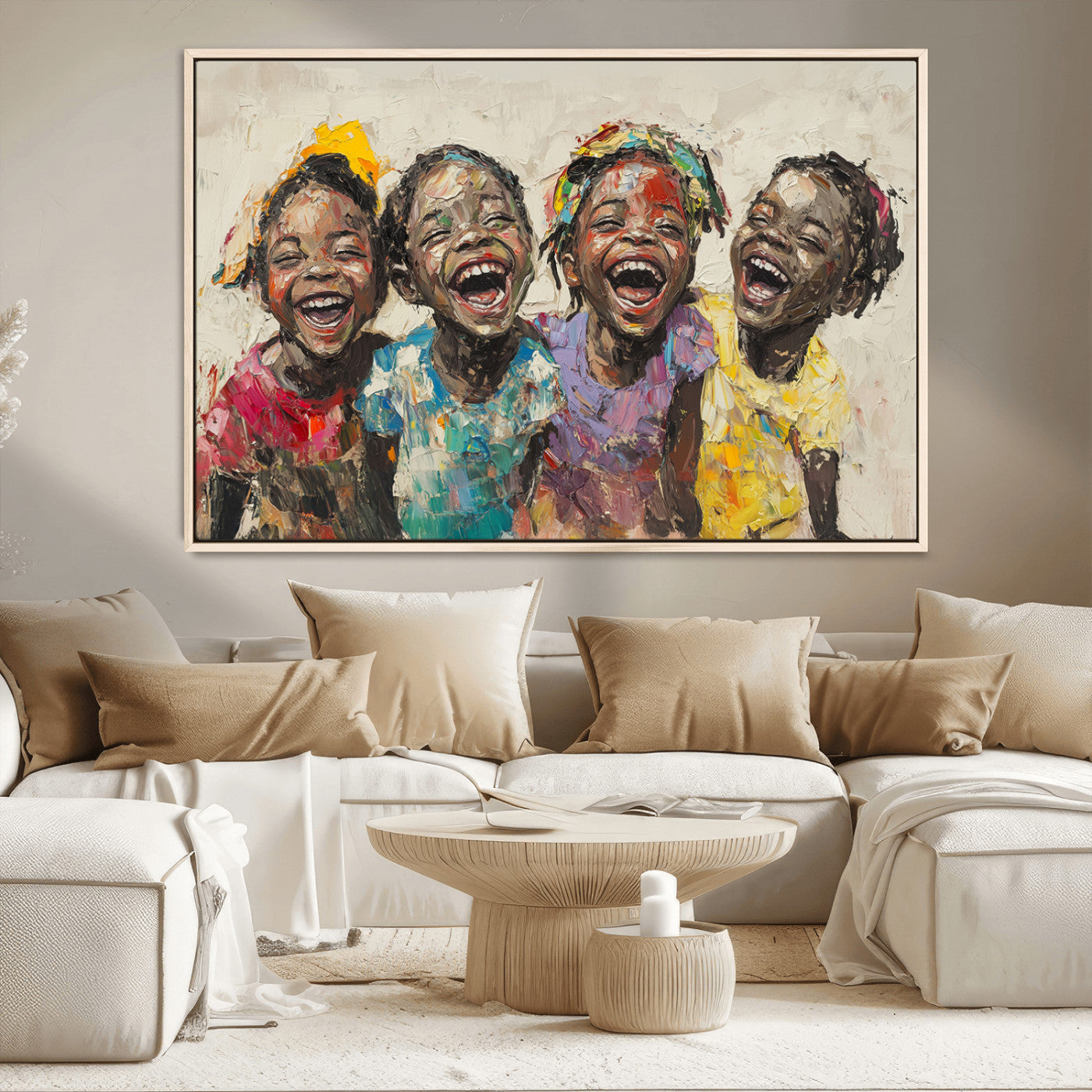 93034-MGV-CV-36X24-Shai Yossef style Joyful Childhood Canvas Wall Art - Expressive Impasto Painting of Black Children