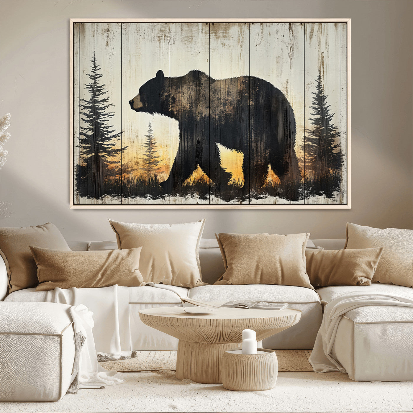 83875-MGV-CV-36X24-Vintage Bear Wall Art Canvas Print for Farmhouse - Mountain Wood Canvas Wall Art - Forest Silhouette