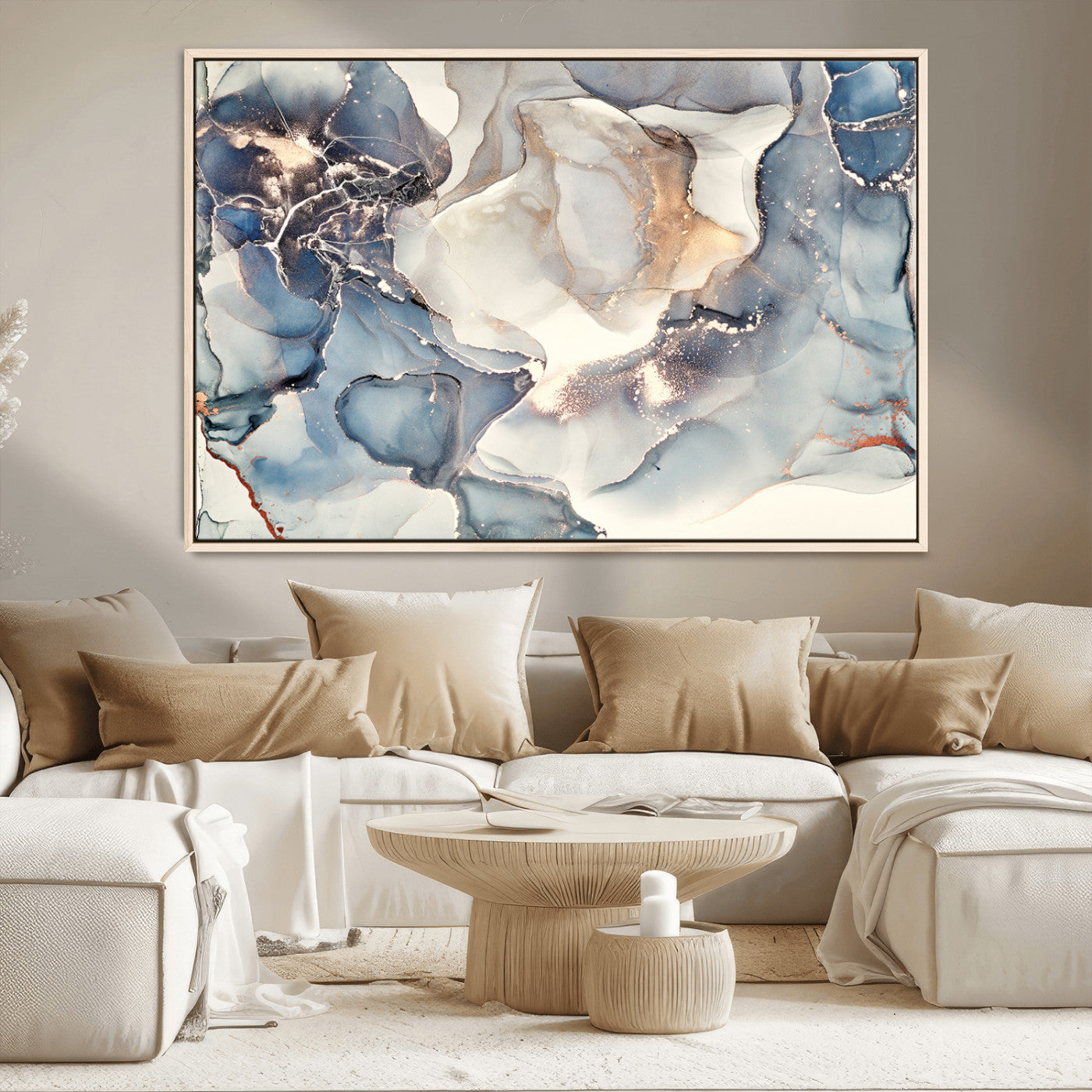 51497-MGV-CV-36X24-Abstract Blue and Gold Canvas Wall Art - Fluid Modern Ink Artwork - Modern Luxury Wall Decor for