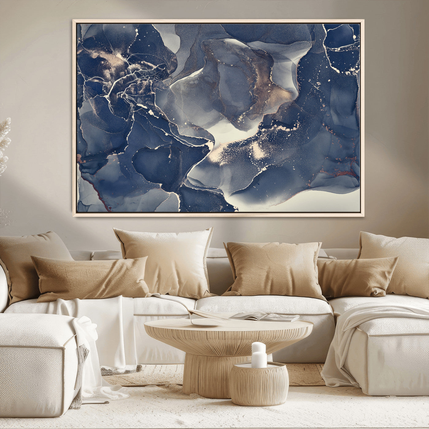 28282-MGV-CV-36X24-Large Abstract Blue and Gold Canvas Wall Art | Fluid Ink Artwork Print | Luxury Wall Decor for