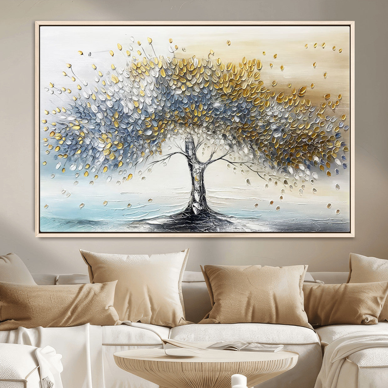 MGV-FC-36X24 - Golden & Silver Tree of Life Wall Art – Canvas Print with Whimsical Leaves Elegant Nature Design, Decorative Home, Office or Guest Room Decor