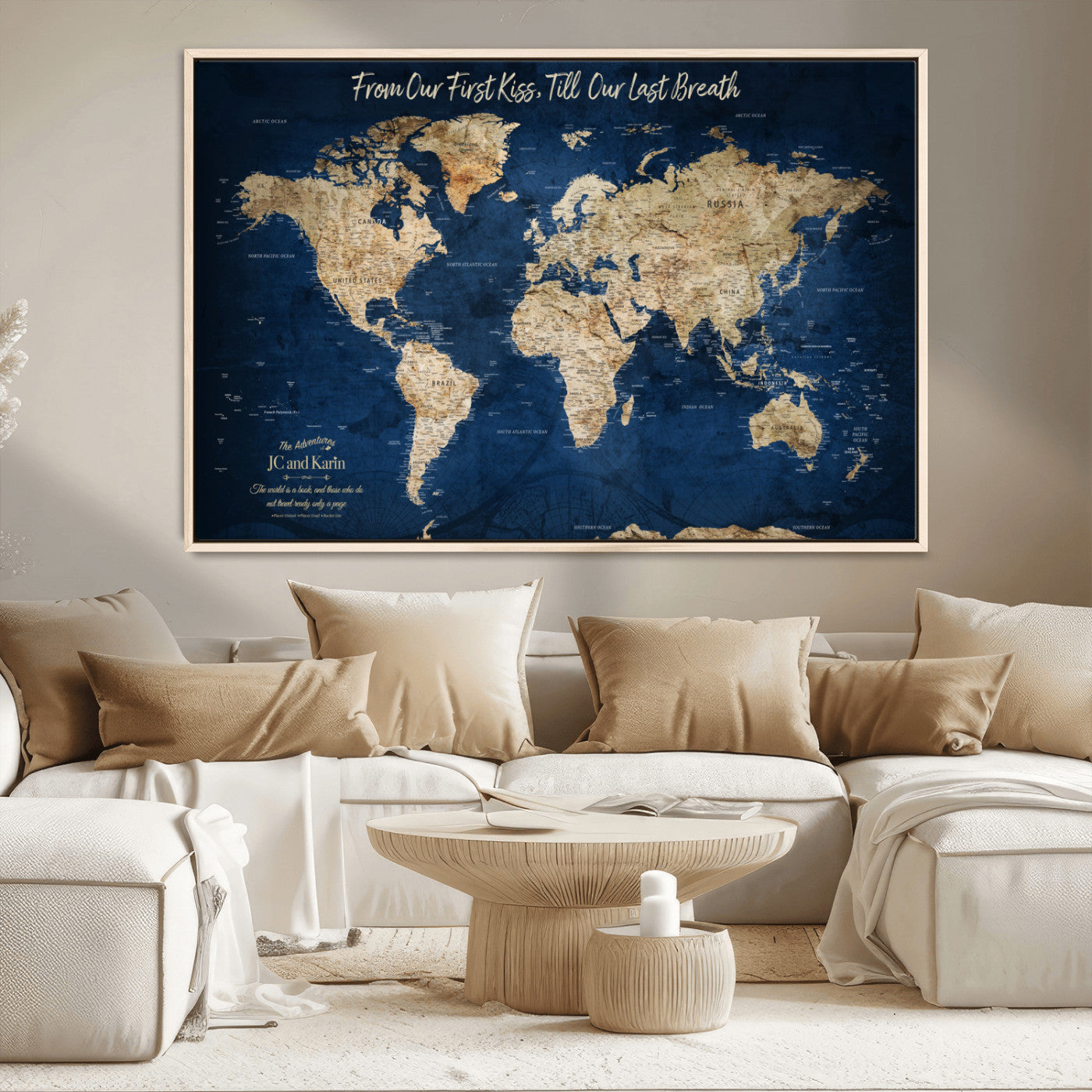 -Personalized Push Pin World Map Canvas Print – Custom Couple Travel Tracker Wall Art, Framed Anniversary Gift for Home Decor