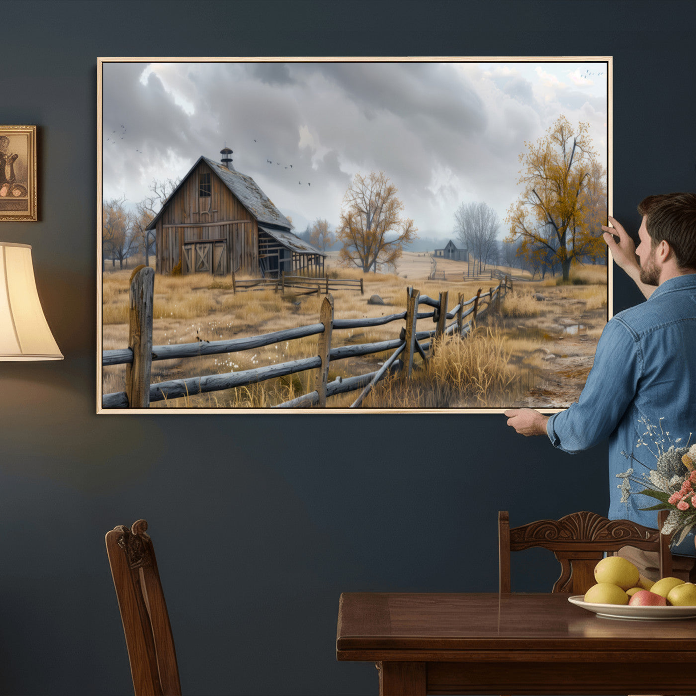Farm1-MGV-CV-36X24 - Rustic Autumn Farmhouse Wall Art Canvas Print – Serene Countryside Scene with Weathered Barn and