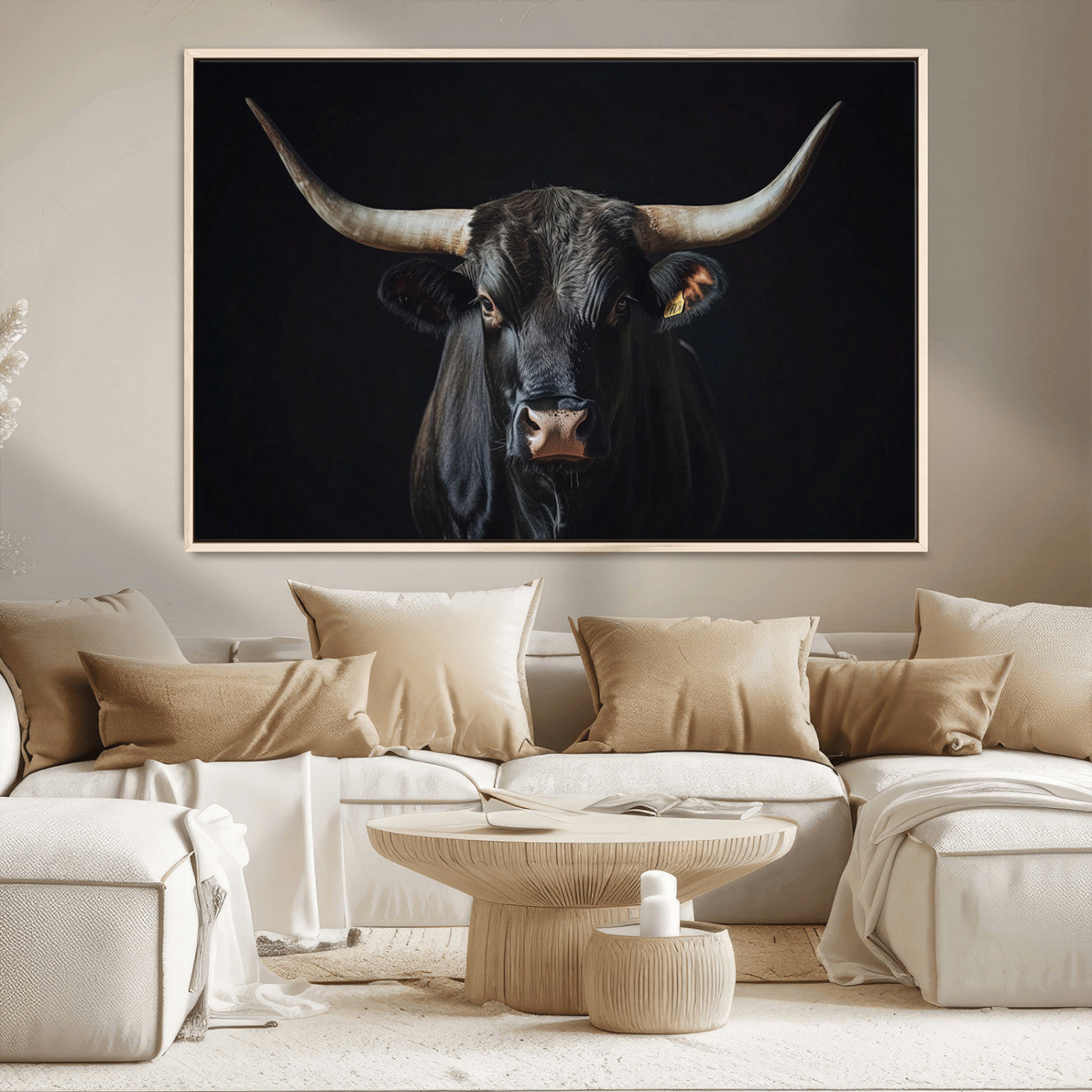 48065167-MGV-CV-36X24-Majestic Longhorn Bull Wall Art Canvas Print – Dark Background Western Ranch Portrait Artwork for Home, Office