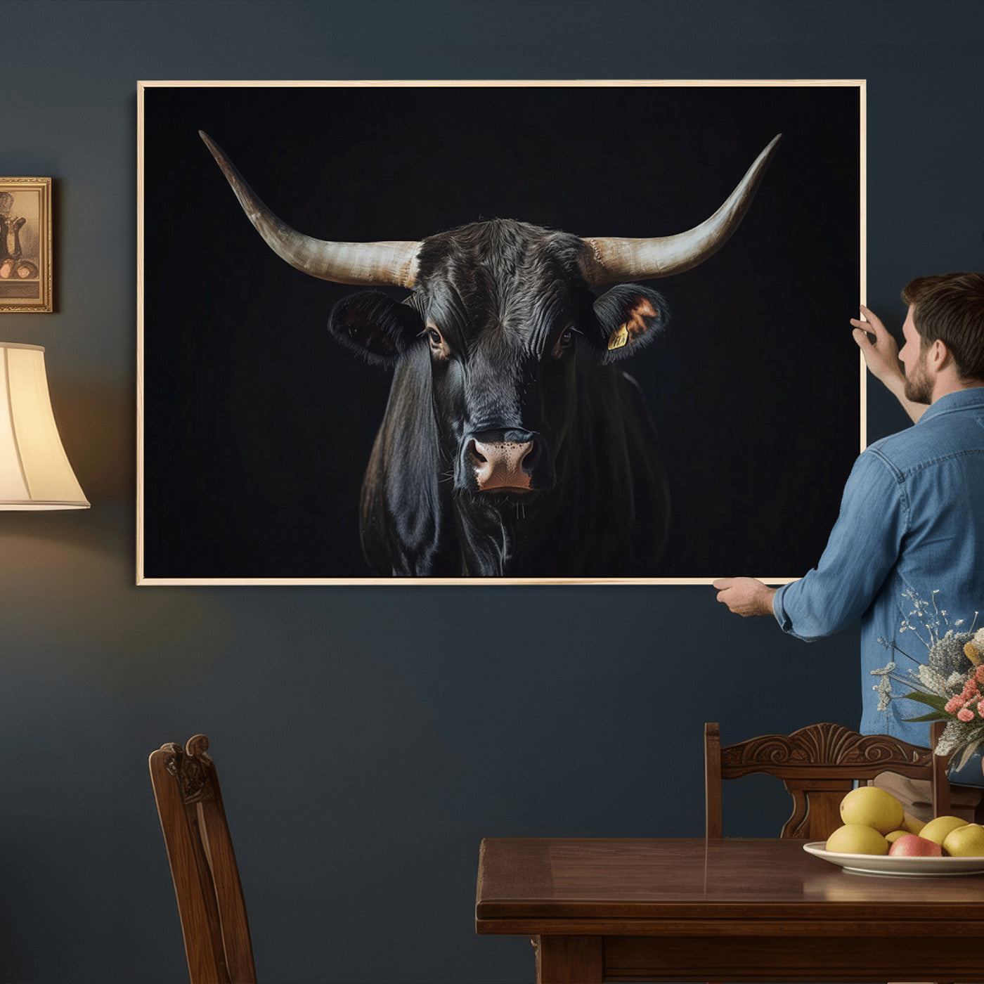 48065167-MGV-CV-36X24 - Texas Longhorn Bull Wall Art Canvas Print – Western Black Bull Art Print for Farmhouse Ranch Decor
