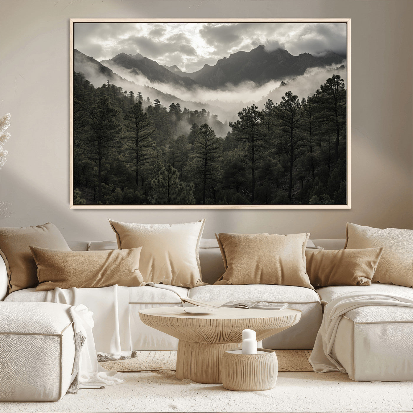 96173787-MGV-CV-36X24-Moody Forest Wall Art – Framed Mountain Fog Canvas Artwork, Misty Woodland Design, Tranquil Nature Decor for Home, Office