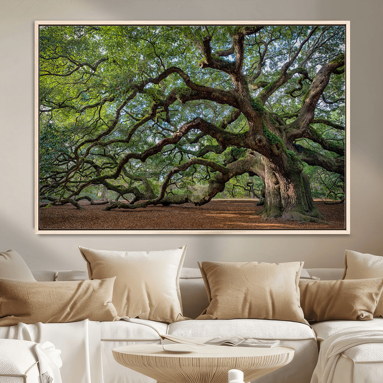 94886260-MGV-CV-36X24-Historic Tree Wall Art – Framed Mossy Branch Canvas Artwork, Twisted Woodland Design, Rustic Nature Decor for Home, Office