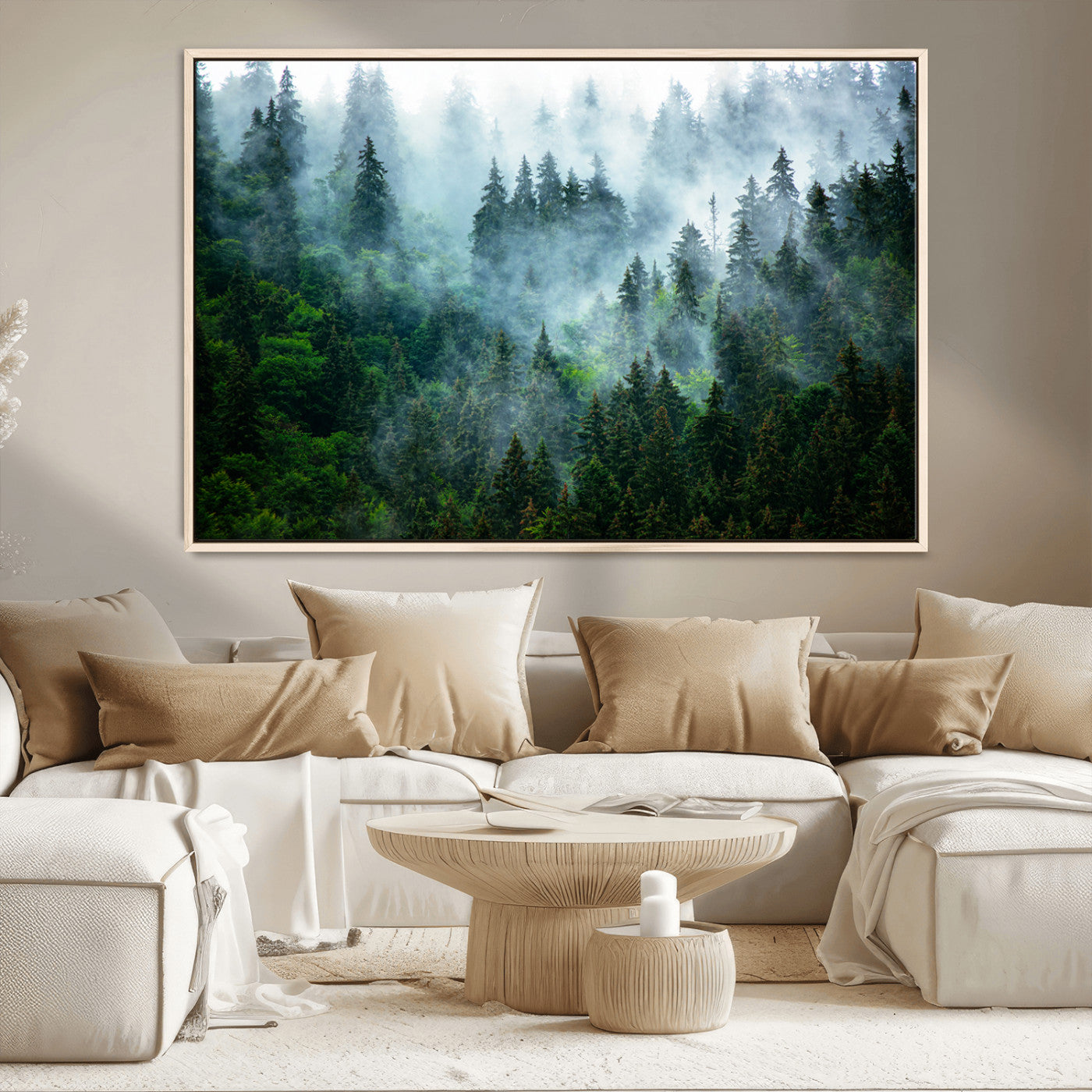 17393683-MGV-CV-36X24-Misty Forest Wall Art Canvas Print – Framed Foggy Mountain Scene with Serene Nature Artwork for Home, Office, Living Room