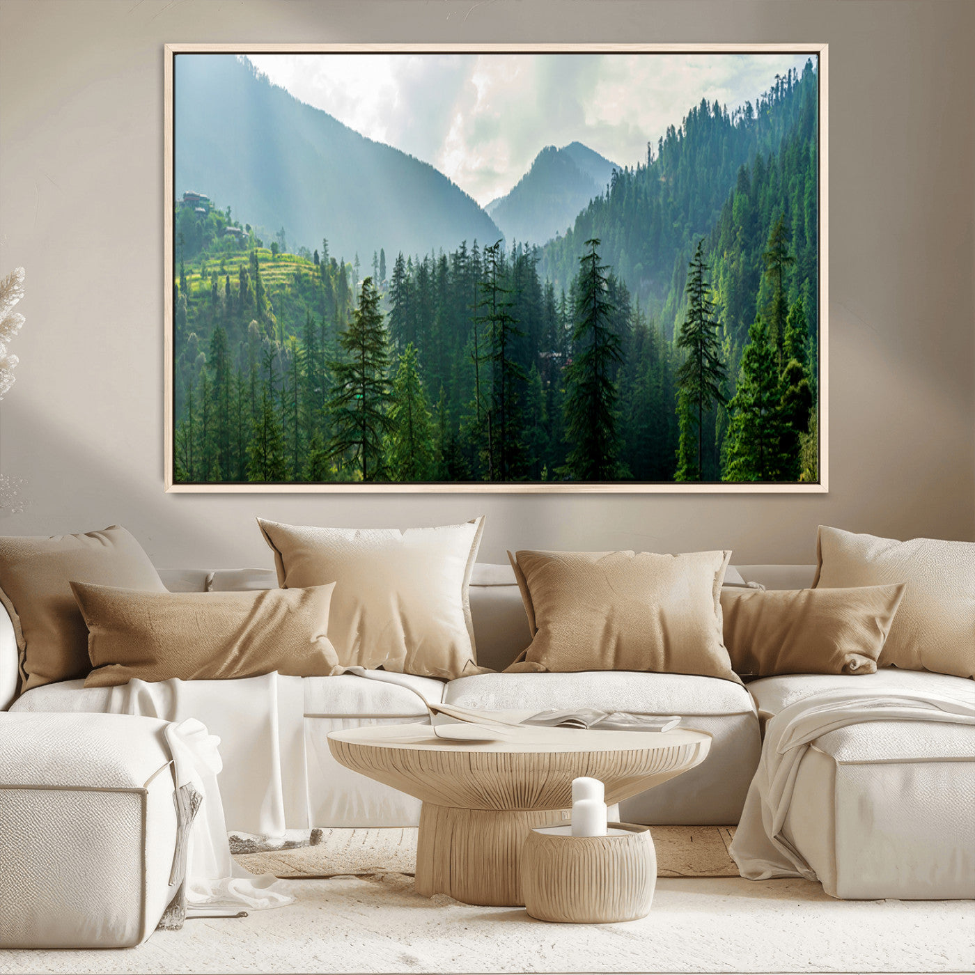 83417191-MGV-CV-36X24-Misty Forest Mountain Wall Art Canvas Print – Framed Serene Nature Scene with Tranquil Valley Artwork for Home, Office