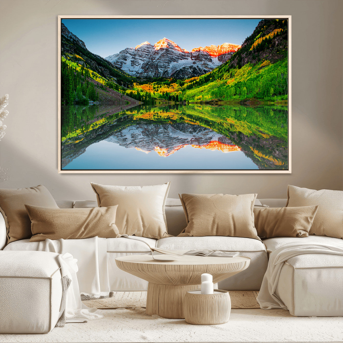 17996974-MGV-CV-36X24-Sunrise Maroon Bells Lake Wall Art Canvas Print – Framed Elk Mountains Landscape Artwork for Home, Office