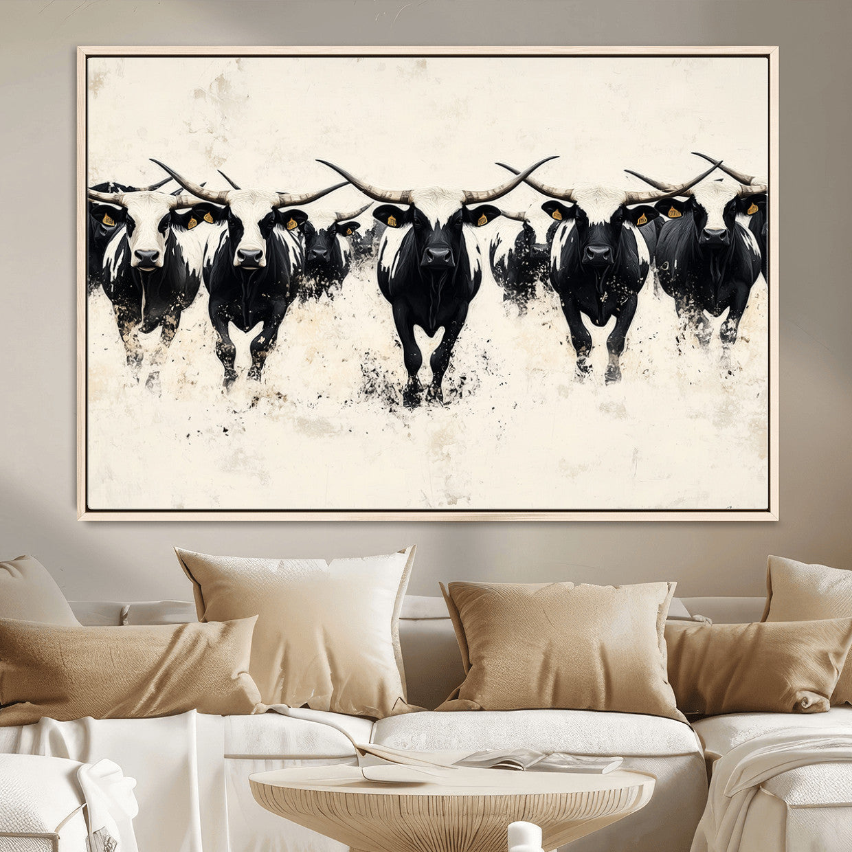 MGV-FC-36X24 - Longhorn Cattle Wall Art – Canvas Print of Herd in Motion, Symmetry and Ink Splatter, Minimalist Western Ranch, Bold Rustic Farm Decor