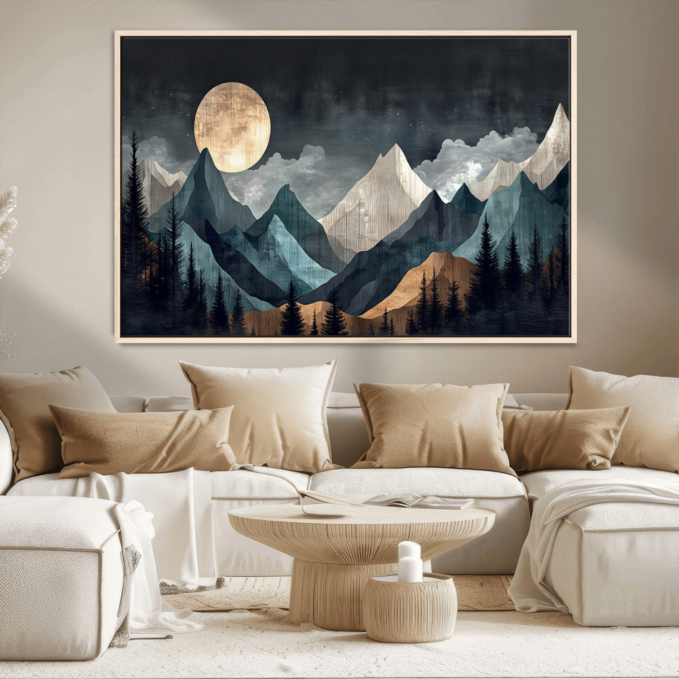 11060882-MGV-CV-36X24-Moonlit Mountain Wall Art Canvas Print – Silhouetted Pines Layered Peaks Tranquil Sky Mist Silver Light Nature Artwork for Home