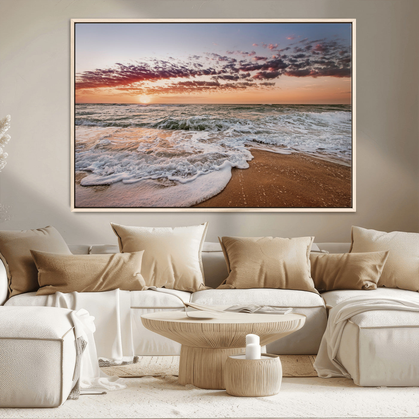 39846389-MGV-CV-36X24-Ocean Sunset Wall Art Canvas Print – Framed Sandy Shore Gentle Waves Coastal Landscape Minimalist Artwork for Home, Office