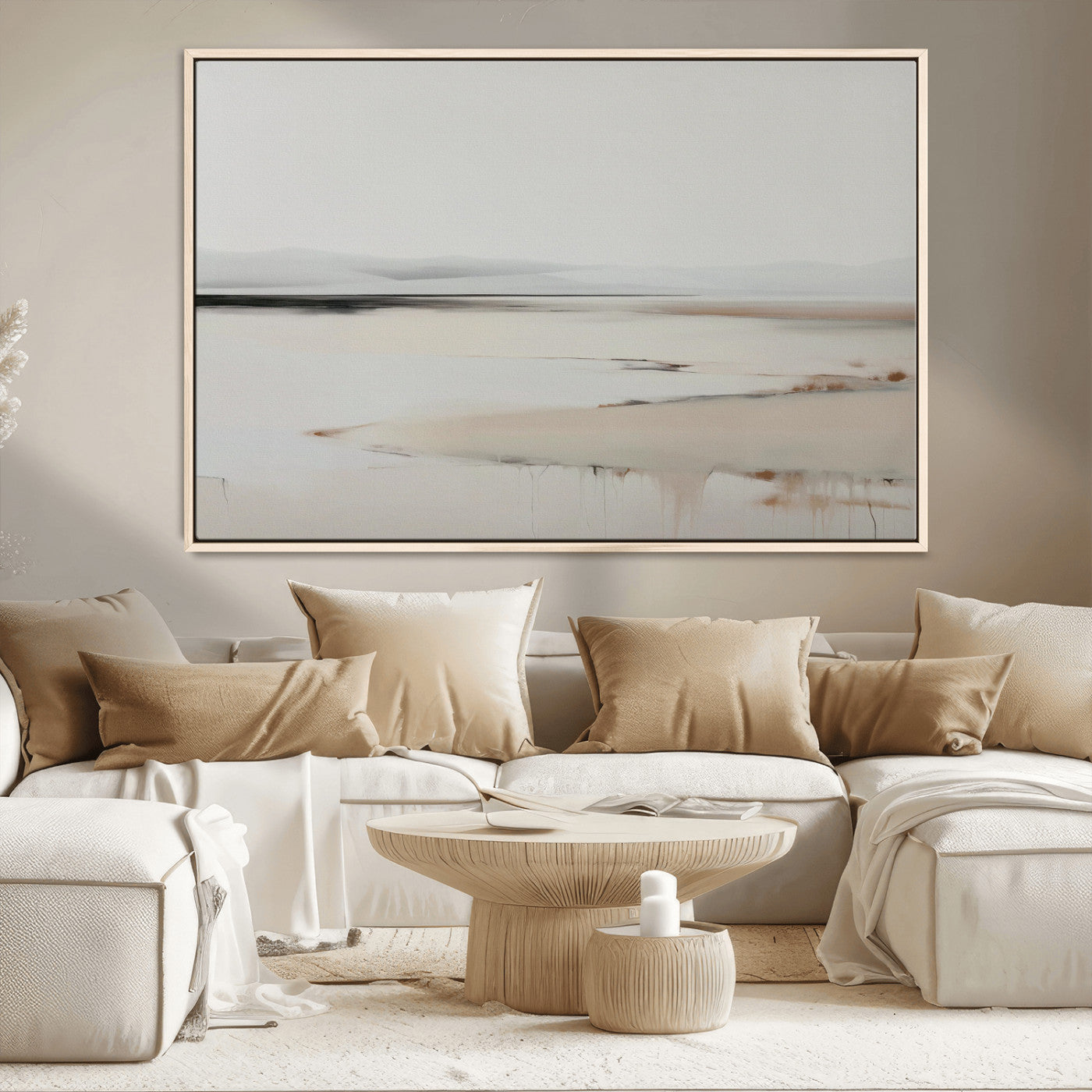 89410095-MGV-CV-36X24-Minimalist Landscape Wall Art Canvas Print – Framed Soft Horizon Abstract Seascape Earthy Tones Artwork for Home Office