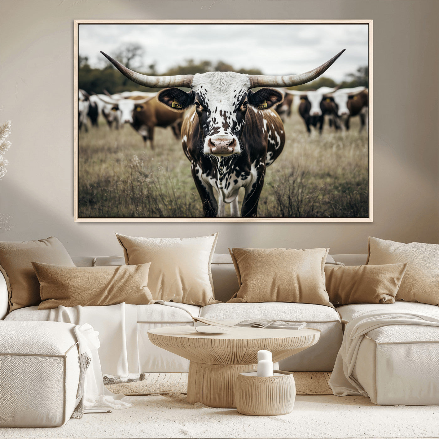 MGV-FC-36X24 - Majestic Longhorn Cow Wall Art – Canvas Print of Intricate Fur & Sharp Horns Earthy Tones Serene Landscape, Rustic Charm Decor for Living Room, Office or Bedroom