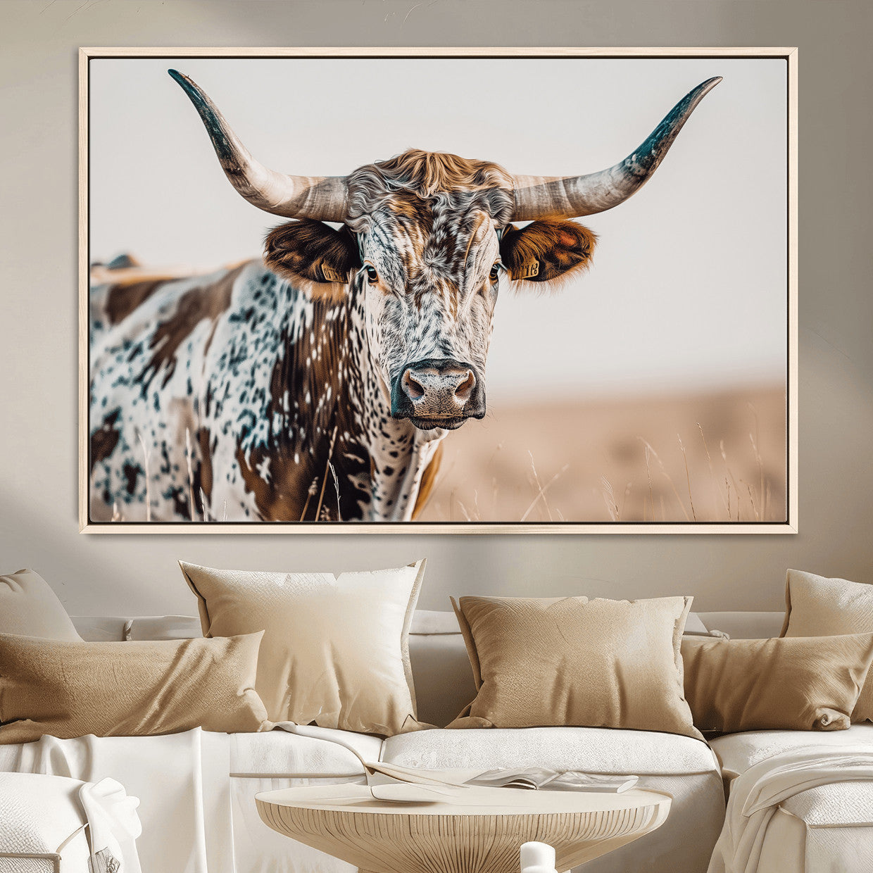 70414966-MGV-FC-36X24 - Majestic Longhorn Wall Art – Canvas Print of Strong Stance Intricate Fur & Sharp Horns Rustic Elegance & Timeless Wild Beauty Decor for Living Room, Office or Bedroom