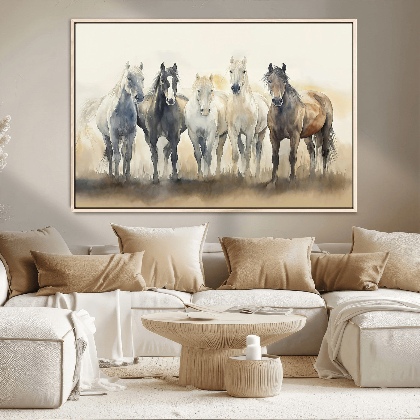 MGV-FC-36X24 - Wild Horses Wall Art Canvas Print, Framed Running Horses Art Picture Print, Watercolor Horses Perfect Rustic Western Decor Artwork