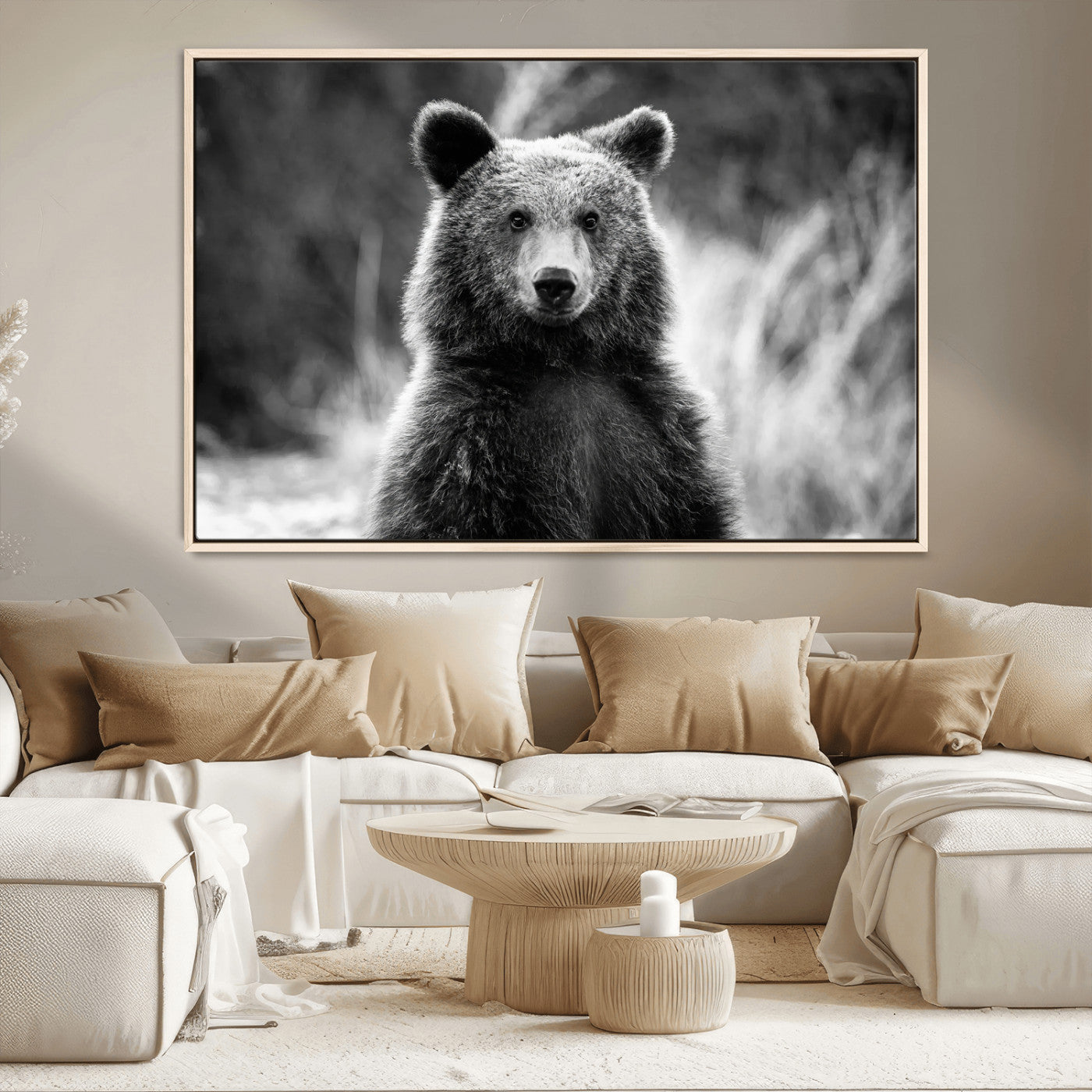 55656803-MGV-CV-36X24-Grizzly Bear Wall Art Canvas Print – Framed Black White Wildlife Rustic Nature Artwork for Home, Office Decor