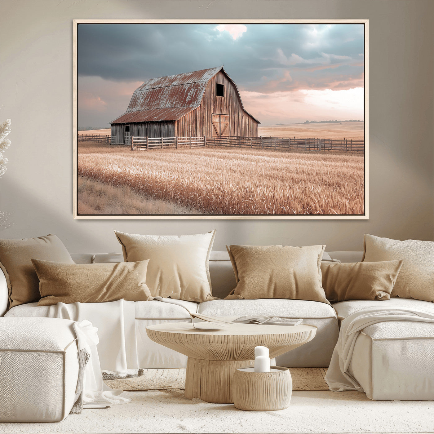 36878364-MGV-CV-36X24-Rustic Barn Wall Art Canvas Print – Framed Wheat Field Scene with Sunset Barn Artwork for Home, Office, Living Room